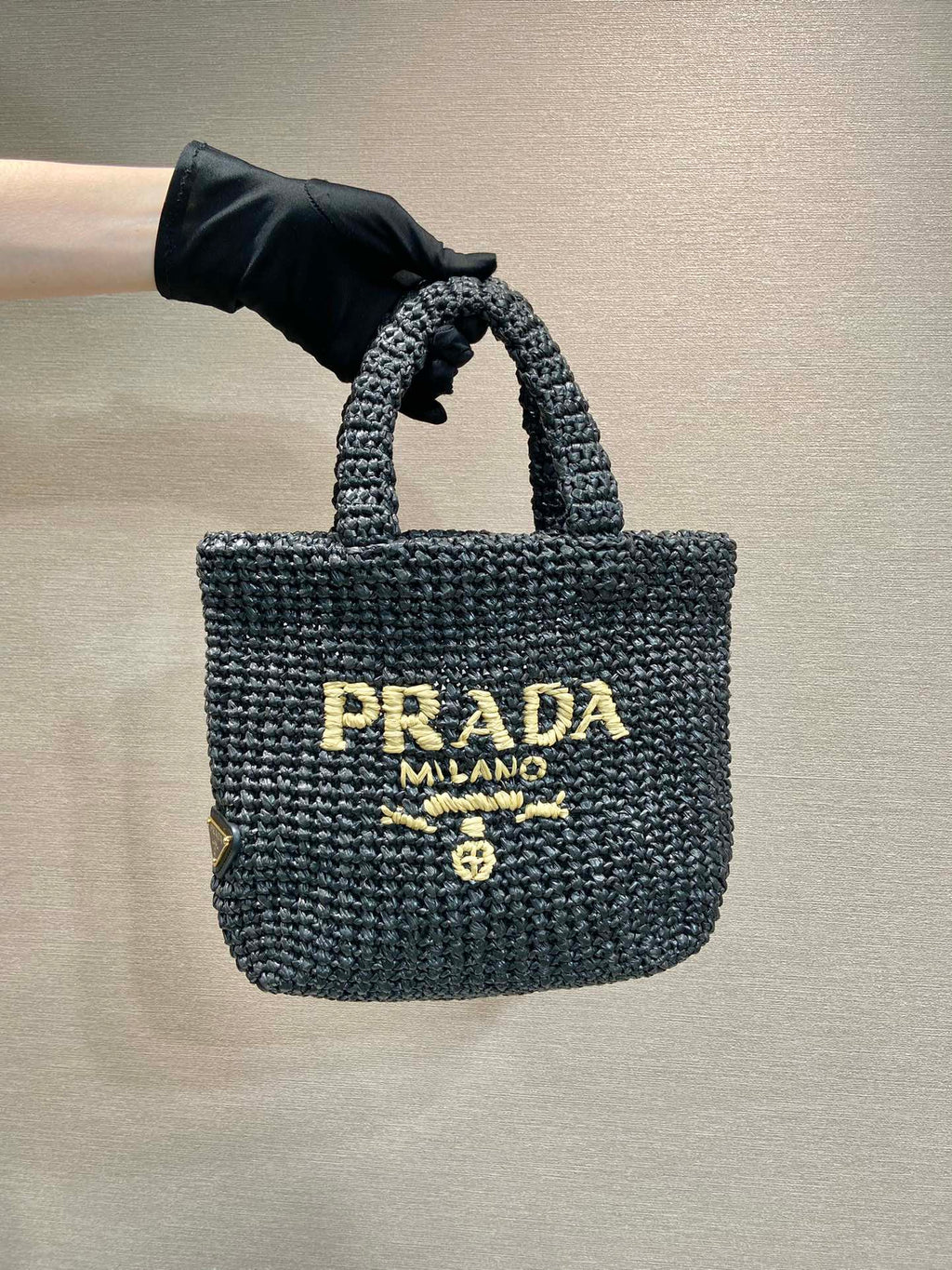 PRADA SMALL CROCHET TOTE BAG 24 IN BLACK MIX YELLOW RAFFIA