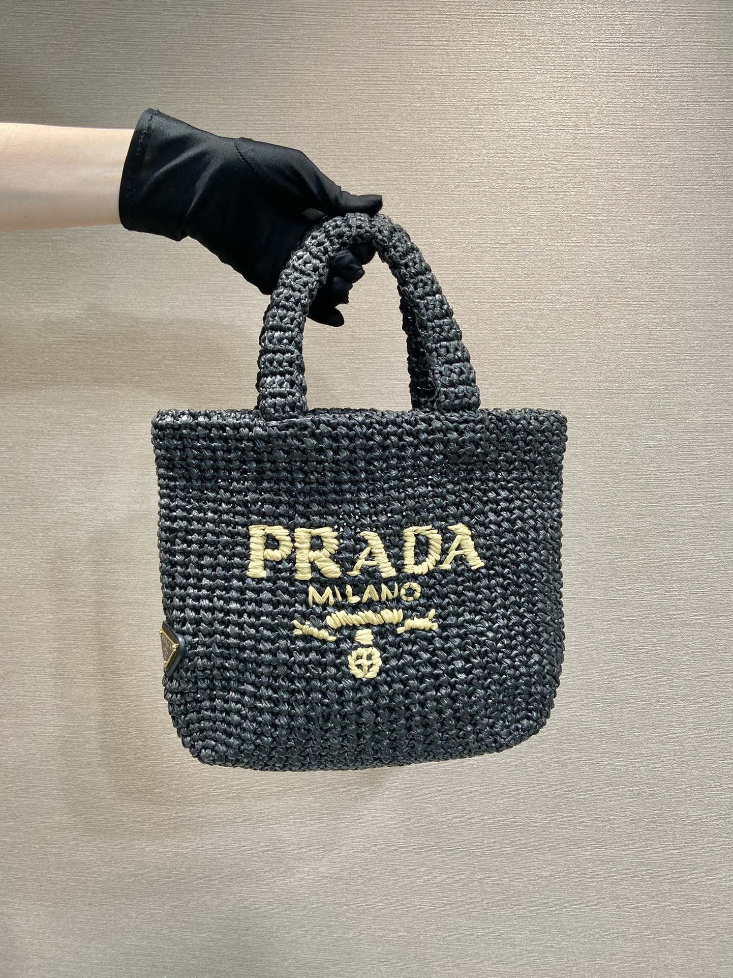PRADA SMALL CROCHET TOTE BAG 24 IN BLACK MIX YELLOW RAFFIA