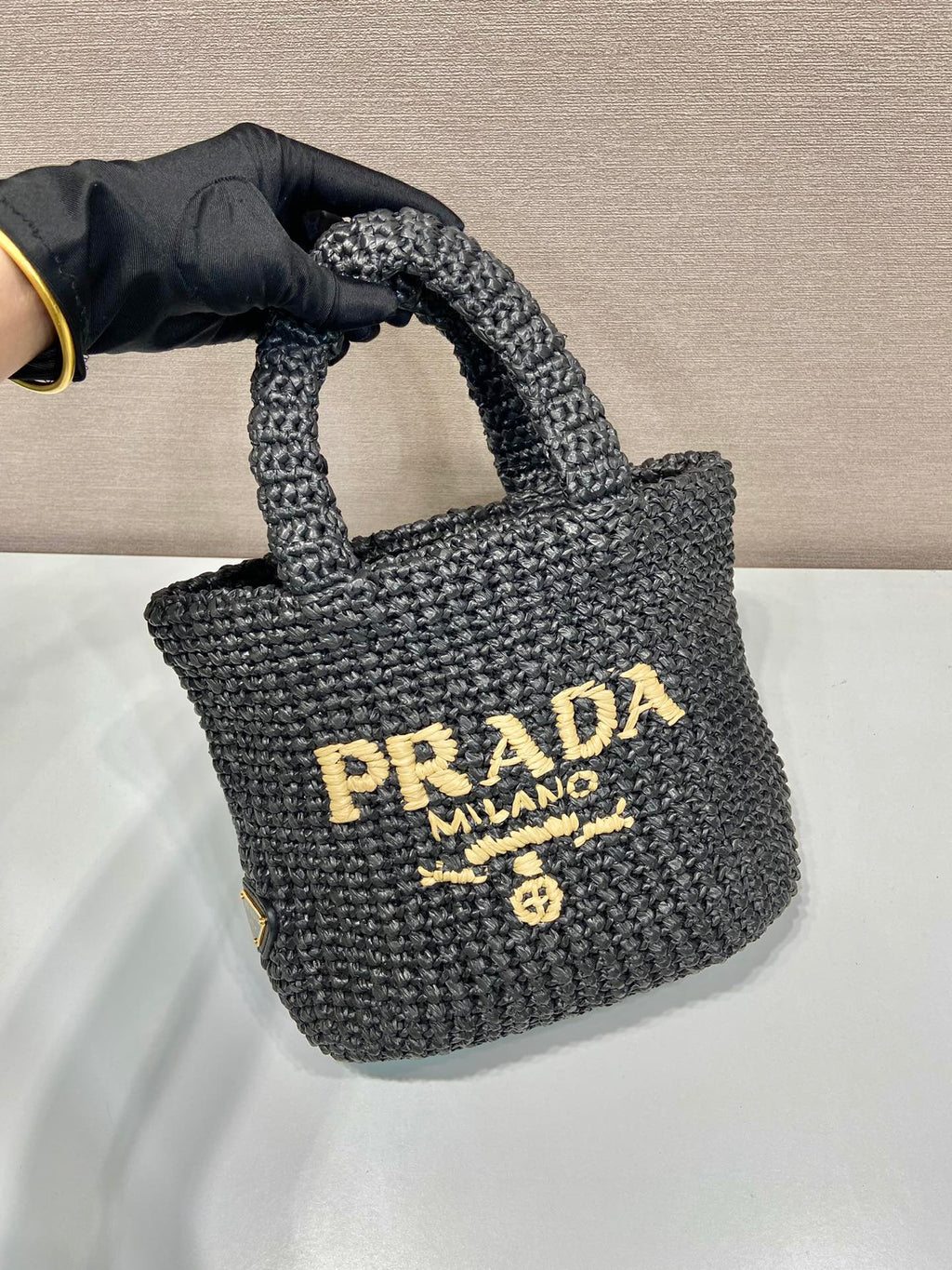 PRADA SMALL CROCHET TOTE BAG 24 IN BLACK MIX YELLOW RAFFIA