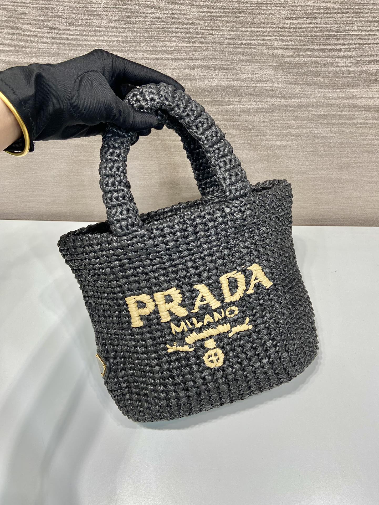 PRADA SMALL CROCHET TOTE BAG 24 IN BLACK MIX YELLOW RAFFIA