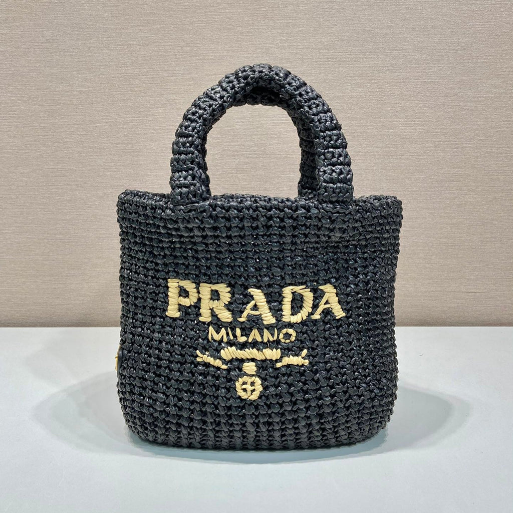 PRADA SMALL CROCHET TOTE BAG 24 IN BLACK MIX YELLOW RAFFIA