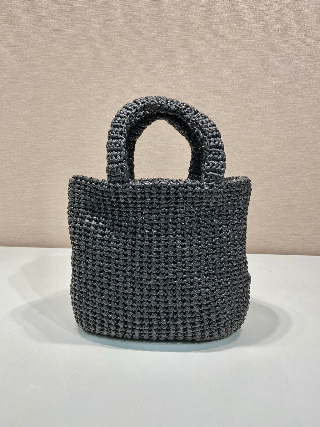 PRADA SMALL CROCHET TOTE BAG 24 IN BLACK MIX YELLOW RAFFIA