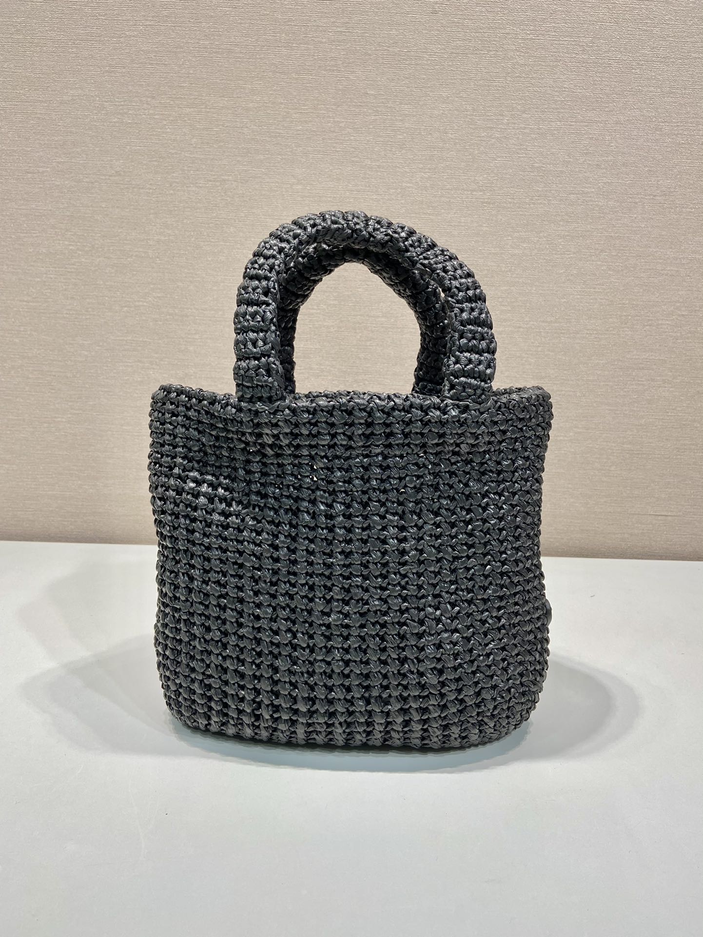 PRADA SMALL CROCHET TOTE BAG 24 IN BLACK MIX YELLOW RAFFIA