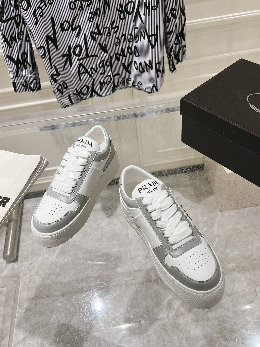 PRADA DOWNTOWN BOLD SNEAKERS WHITE AND LIGHT GRAY CALFSKIN