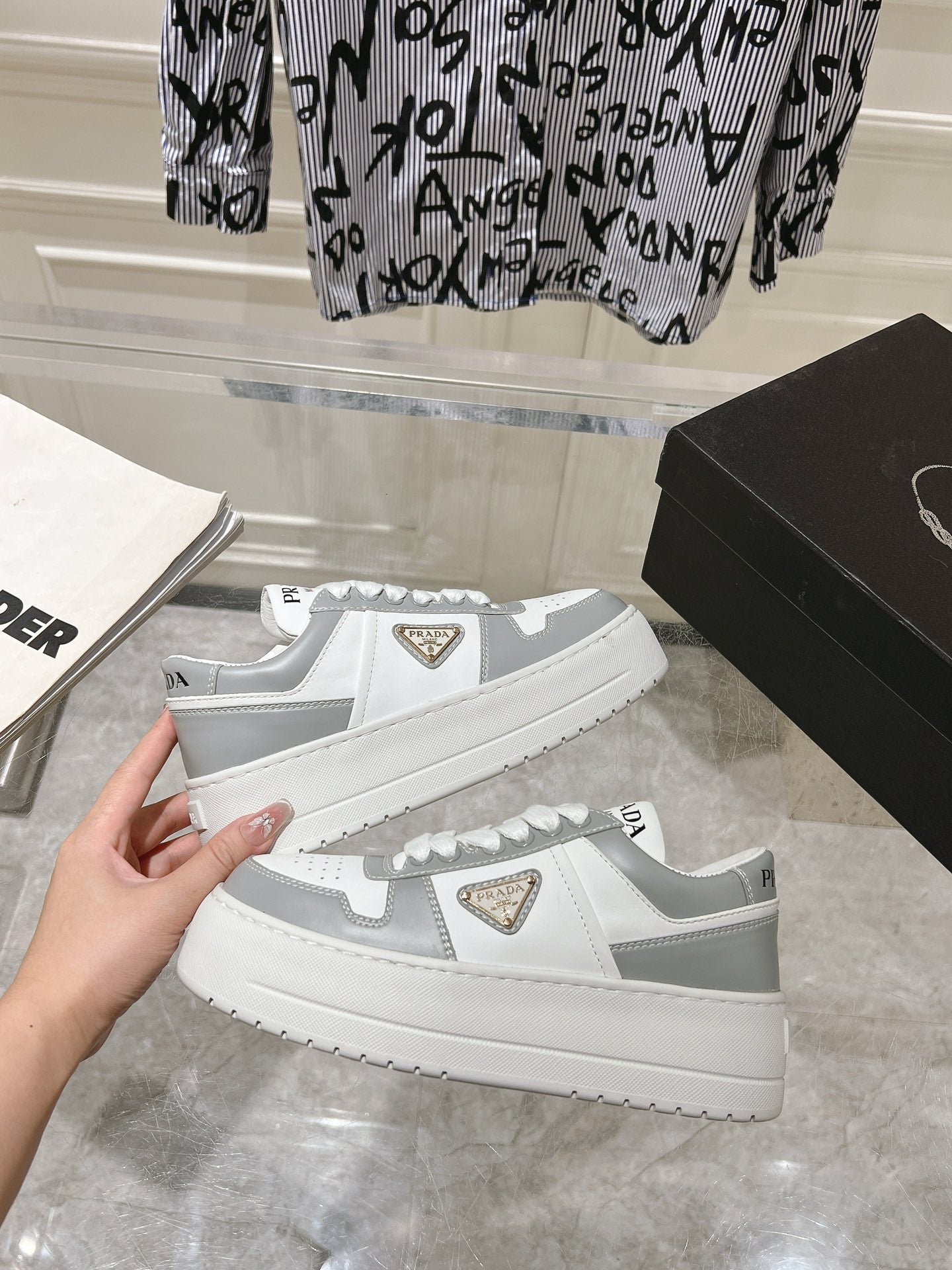 PRADA DOWNTOWN BOLD SNEAKERS WHITE AND LIGHT GRAY CALFSKIN