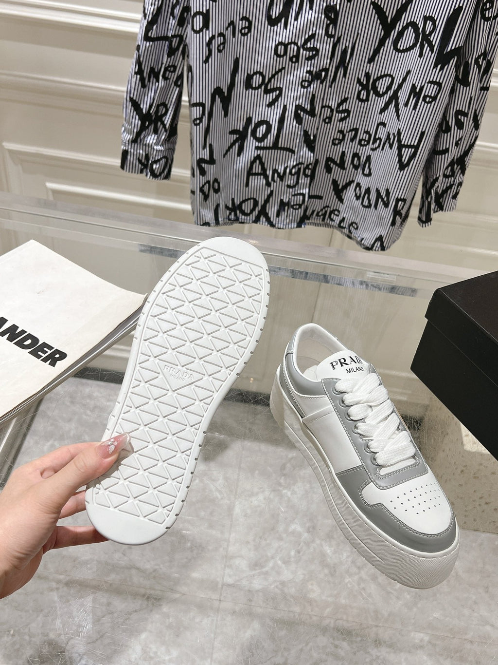 PRADA DOWNTOWN BOLD SNEAKERS WHITE AND LIGHT GRAY CALFSKIN