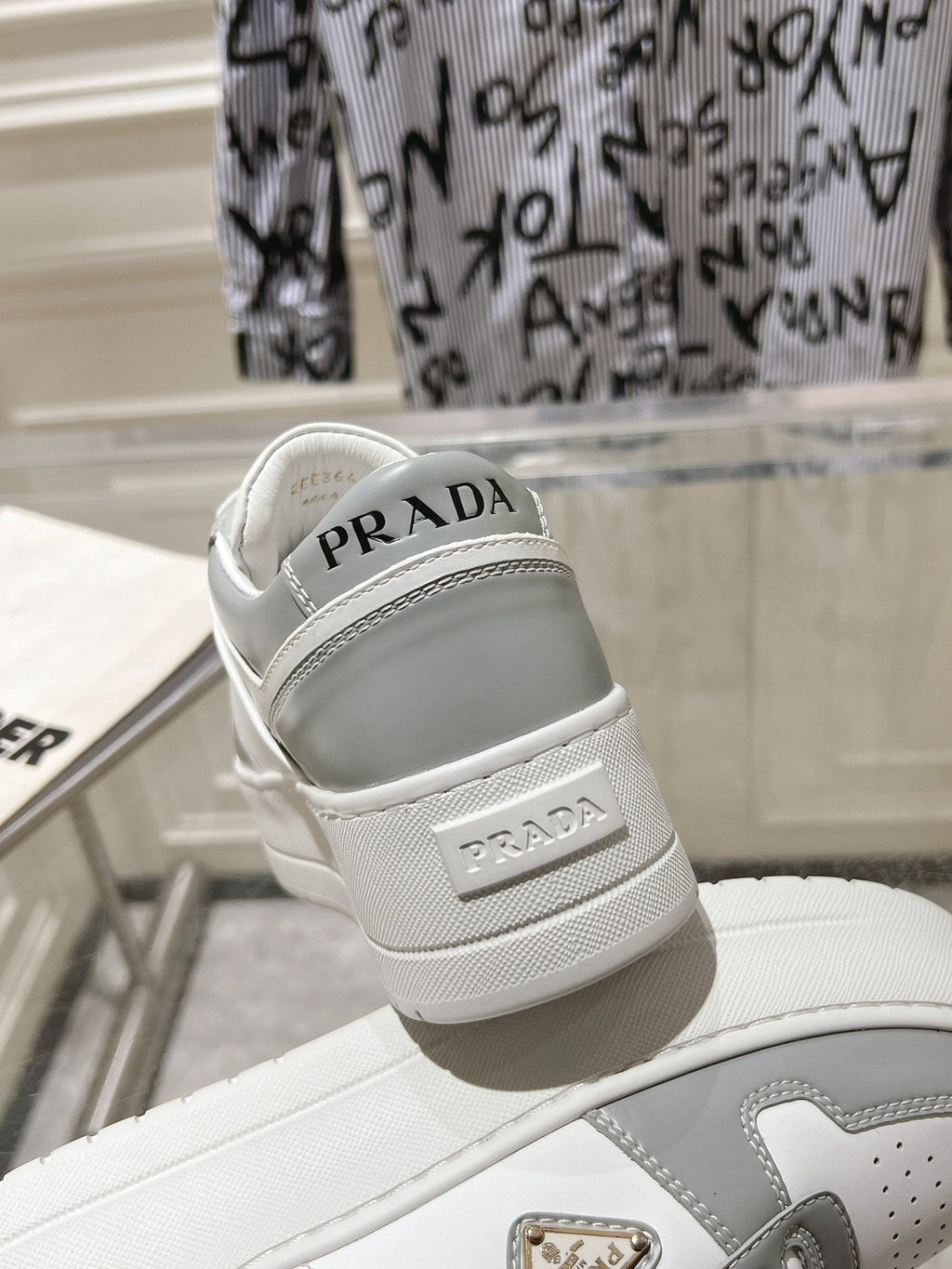 PRADA DOWNTOWN BOLD SNEAKERS WHITE AND LIGHT GRAY CALFSKIN