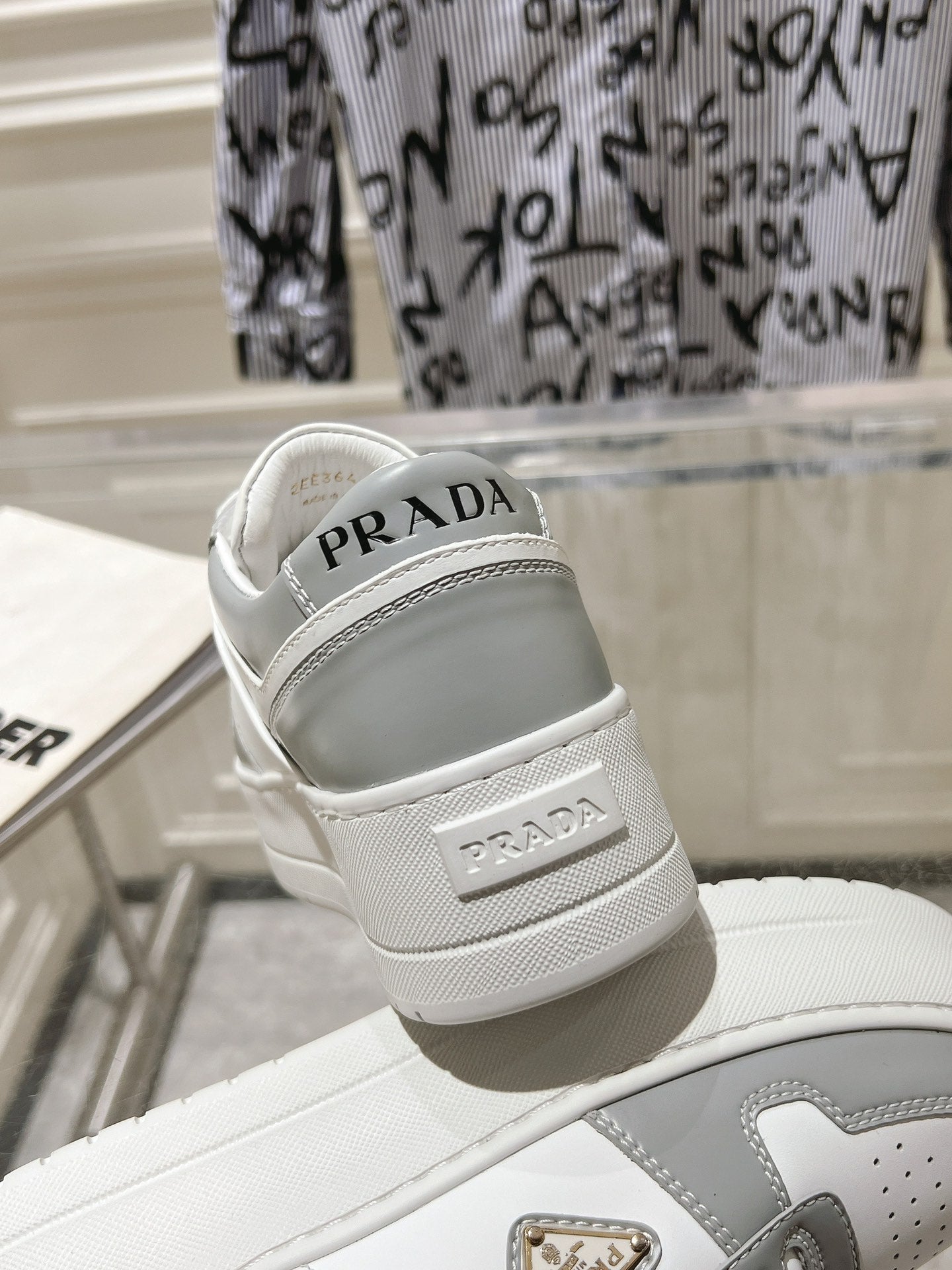 PRADA DOWNTOWN BOLD SNEAKERS WHITE AND LIGHT GRAY CALFSKIN