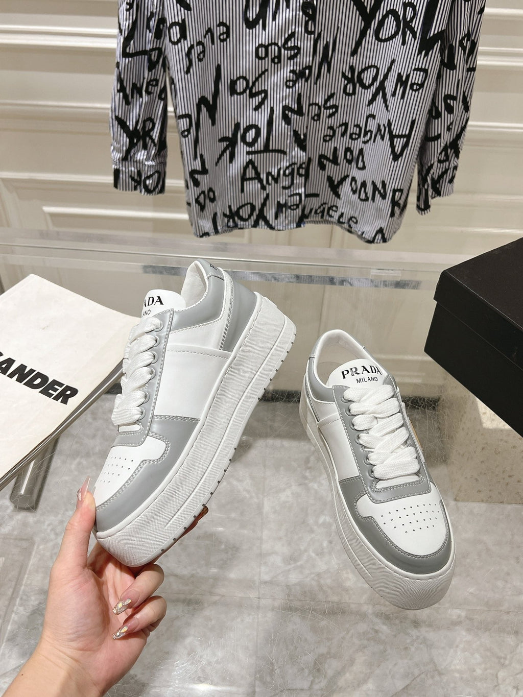 PRADA DOWNTOWN BOLD SNEAKERS WHITE AND LIGHT GRAY CALFSKIN