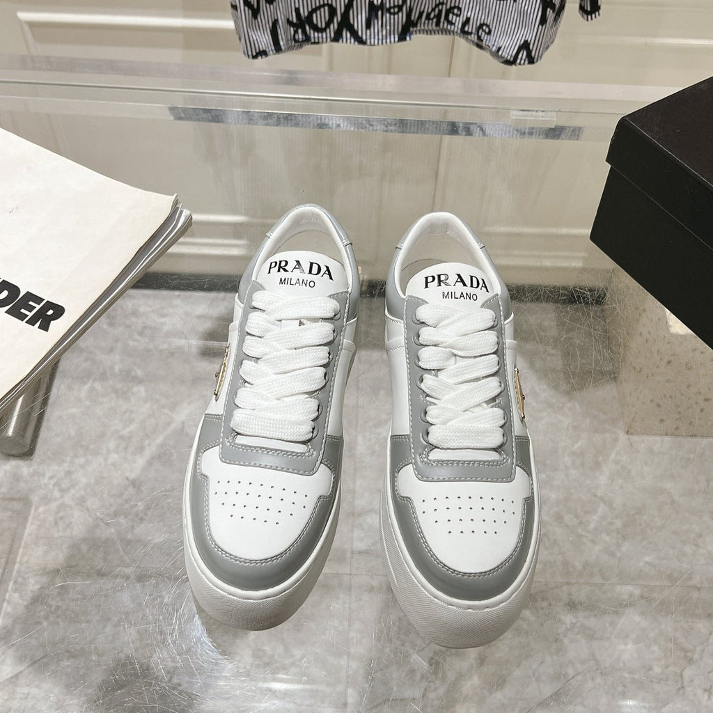 PRADA DOWNTOWN BOLD SNEAKERS WHITE AND LIGHT GRAY CALFSKIN