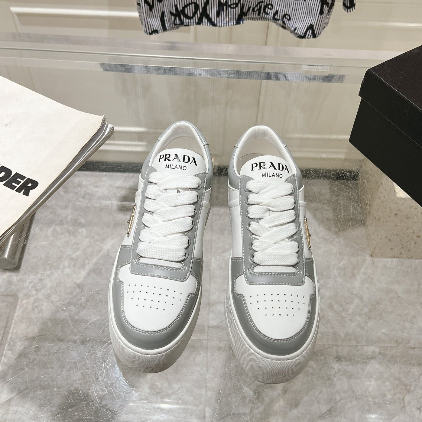 PRADA DOWNTOWN BOLD SNEAKERS WHITE AND LIGHT GRAY CALFSKIN