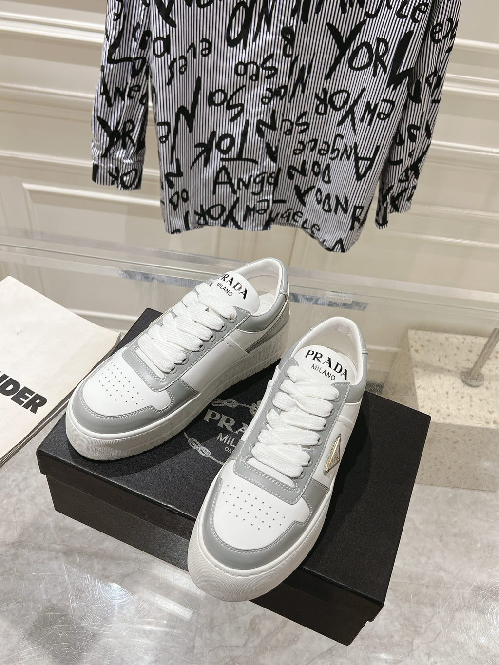 PRADA DOWNTOWN BOLD SNEAKERS WHITE AND LIGHT GRAY CALFSKIN