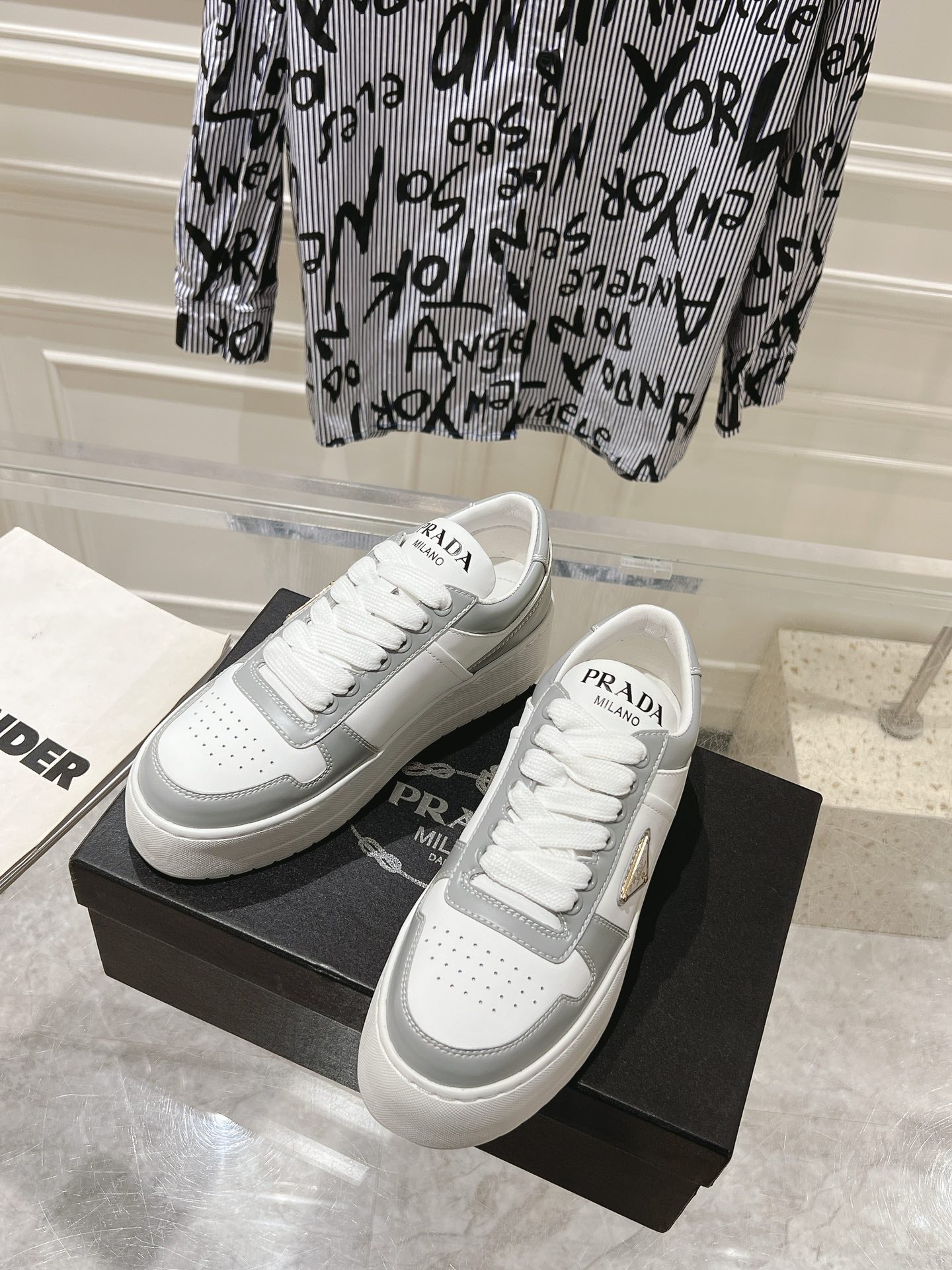 PRADA DOWNTOWN BOLD SNEAKERS WHITE AND LIGHT GRAY CALFSKIN