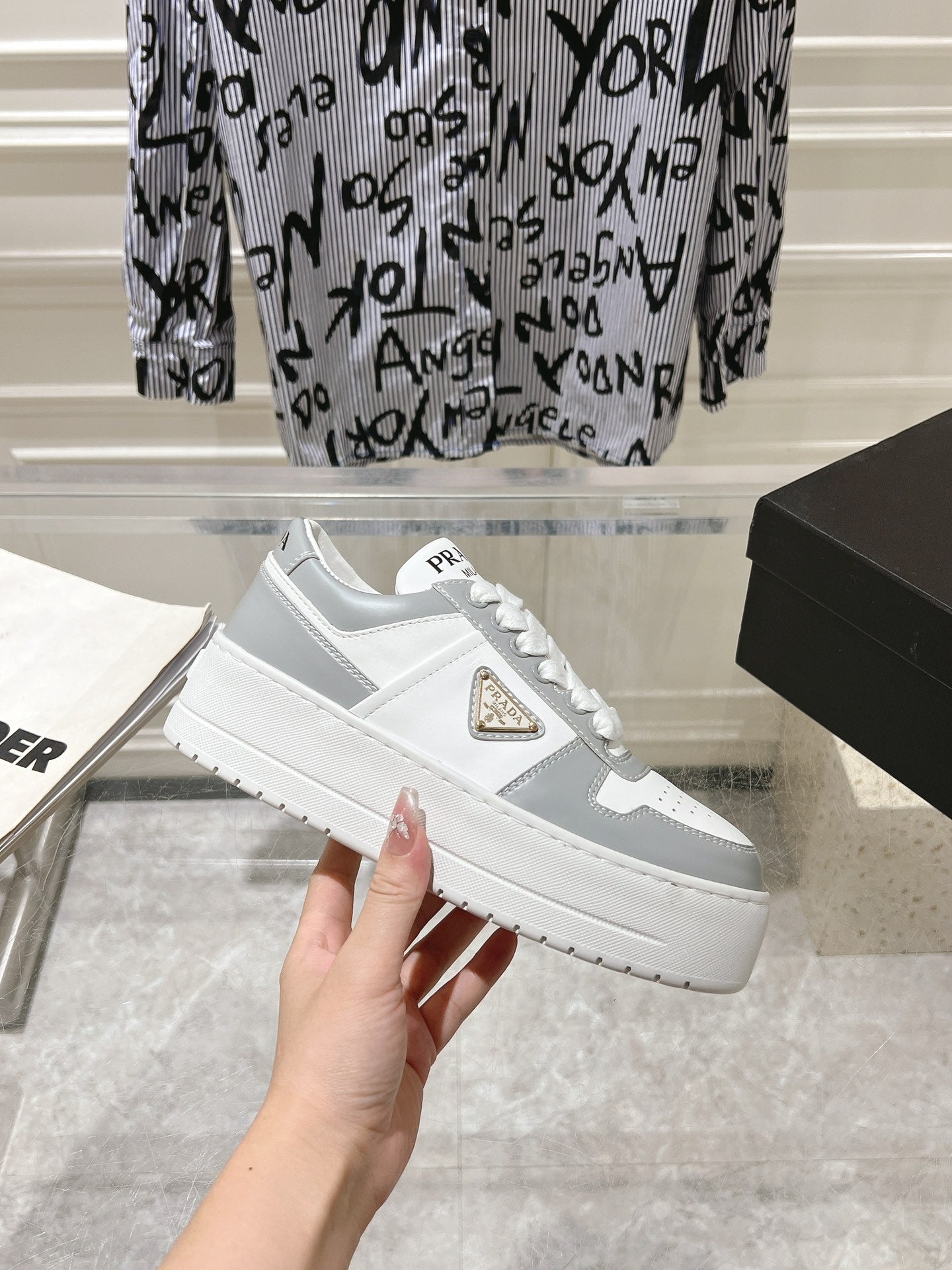 PRADA DOWNTOWN BOLD SNEAKERS WHITE AND LIGHT GRAY CALFSKIN