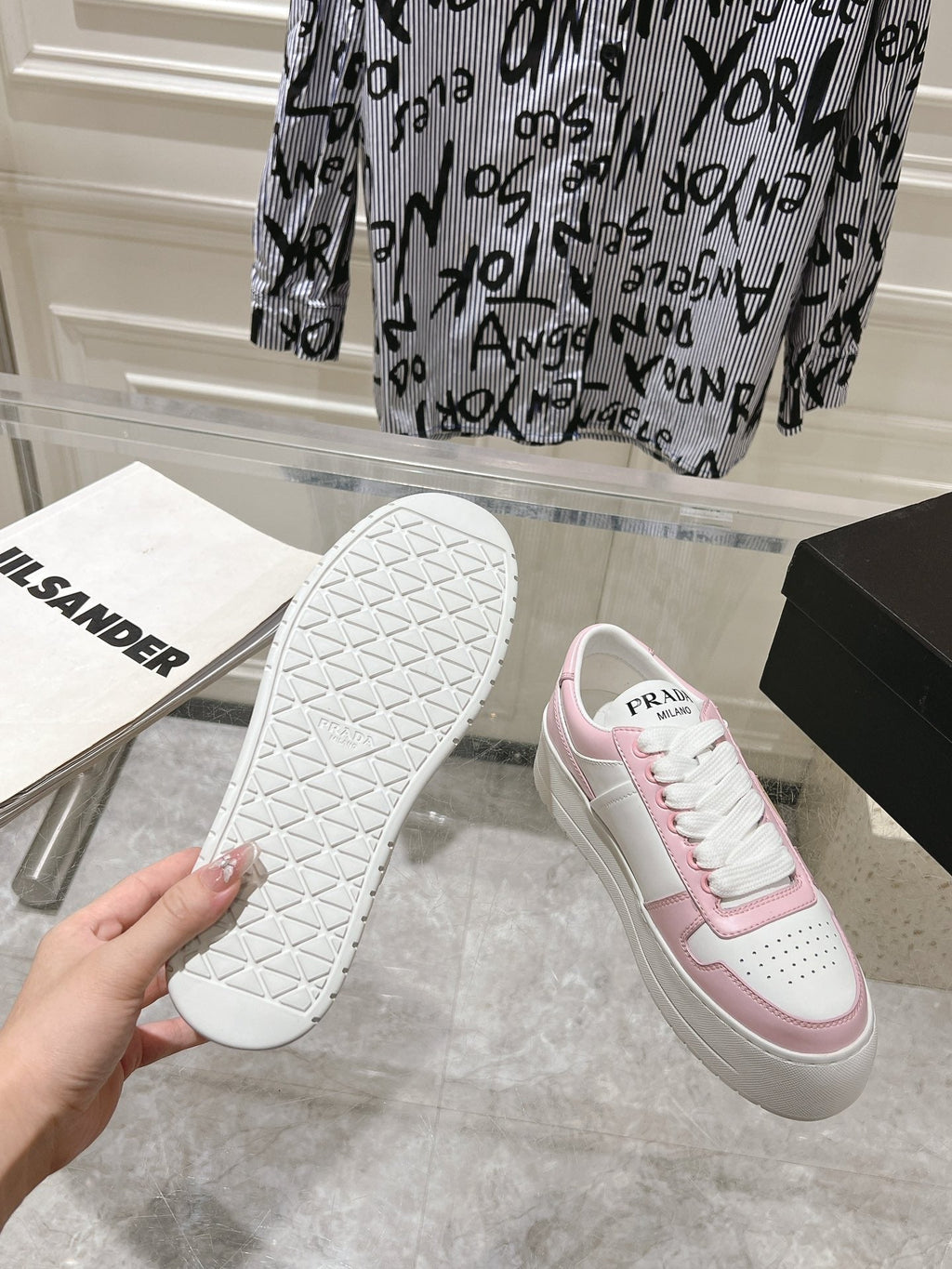 PRADA DOWNTOWN BOLD SNEAKERS WHITE AND LIGHT PINK CALFSKIN