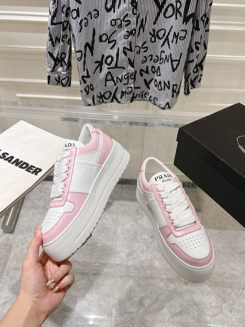 PRADA DOWNTOWN BOLD SNEAKERS WHITE AND LIGHT PINK CALFSKIN