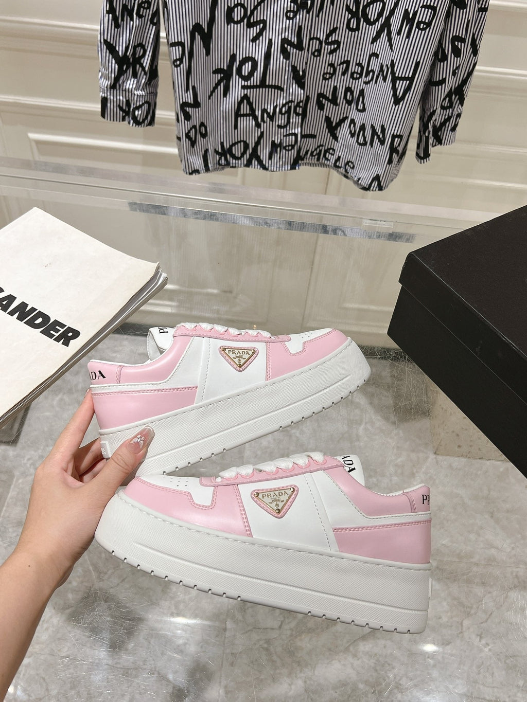 PRADA DOWNTOWN BOLD SNEAKERS WHITE AND LIGHT PINK CALFSKIN