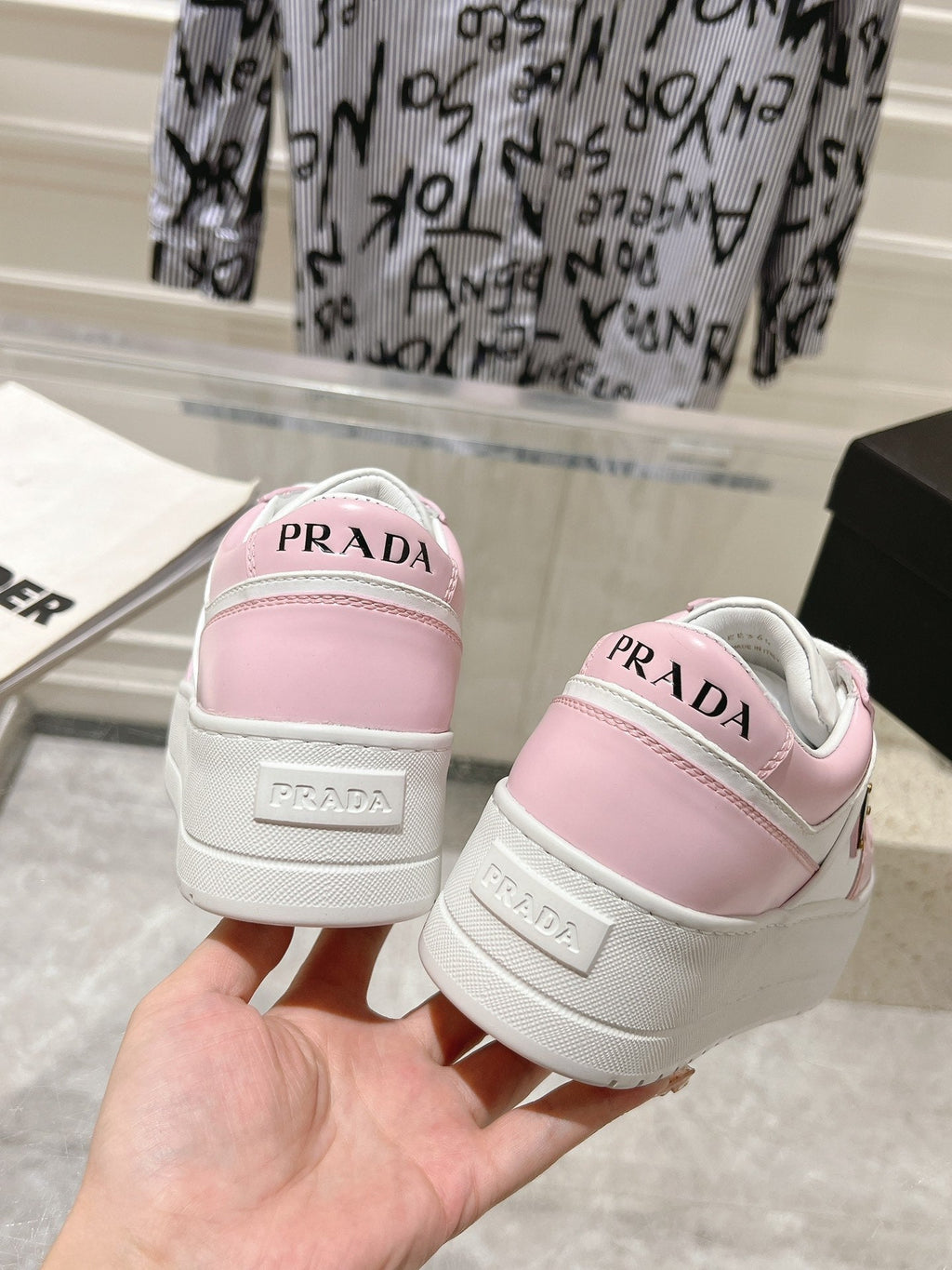PRADA DOWNTOWN BOLD SNEAKERS WHITE AND LIGHT PINK CALFSKIN