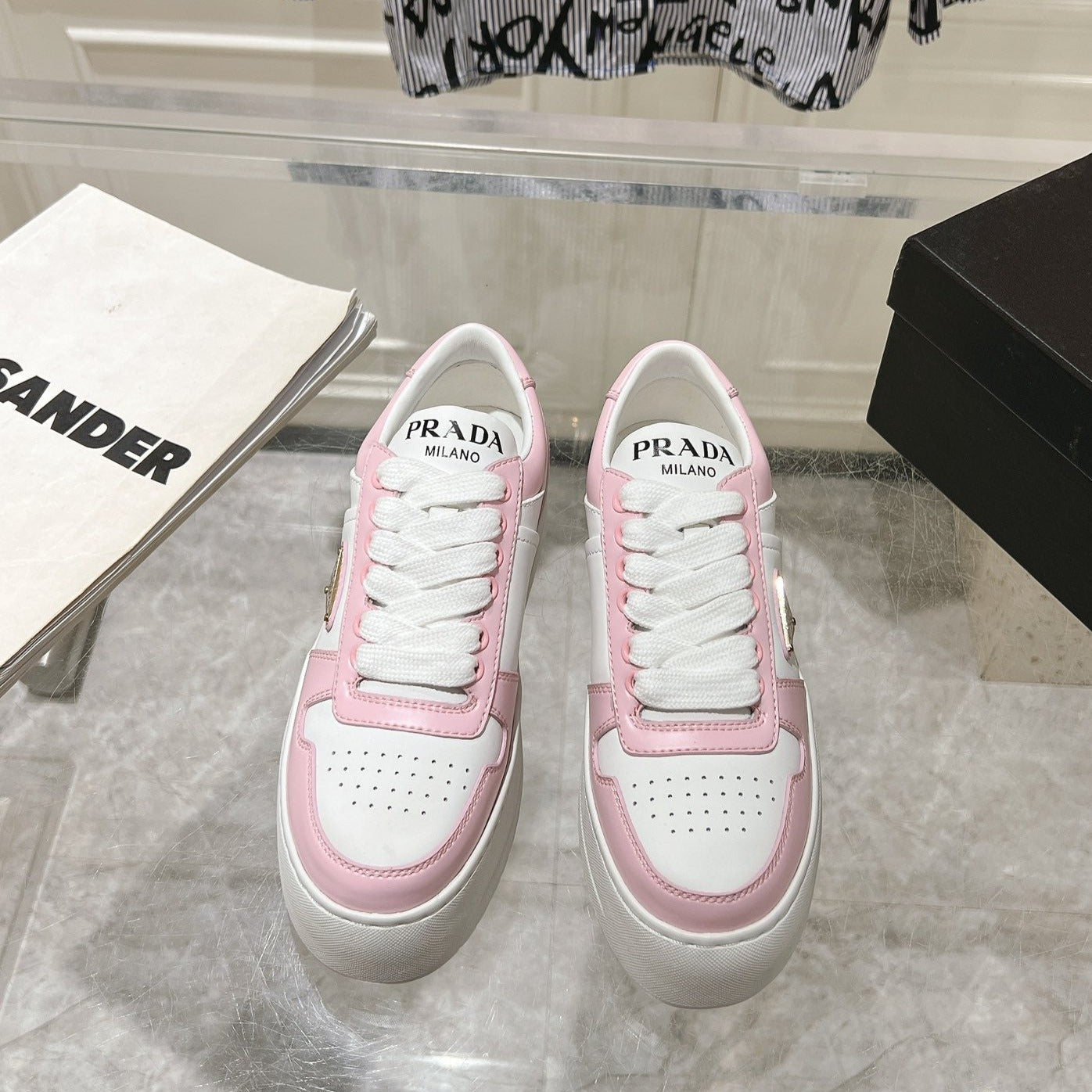 PRADA DOWNTOWN BOLD SNEAKERS WHITE AND LIGHT PINK CALFSKIN