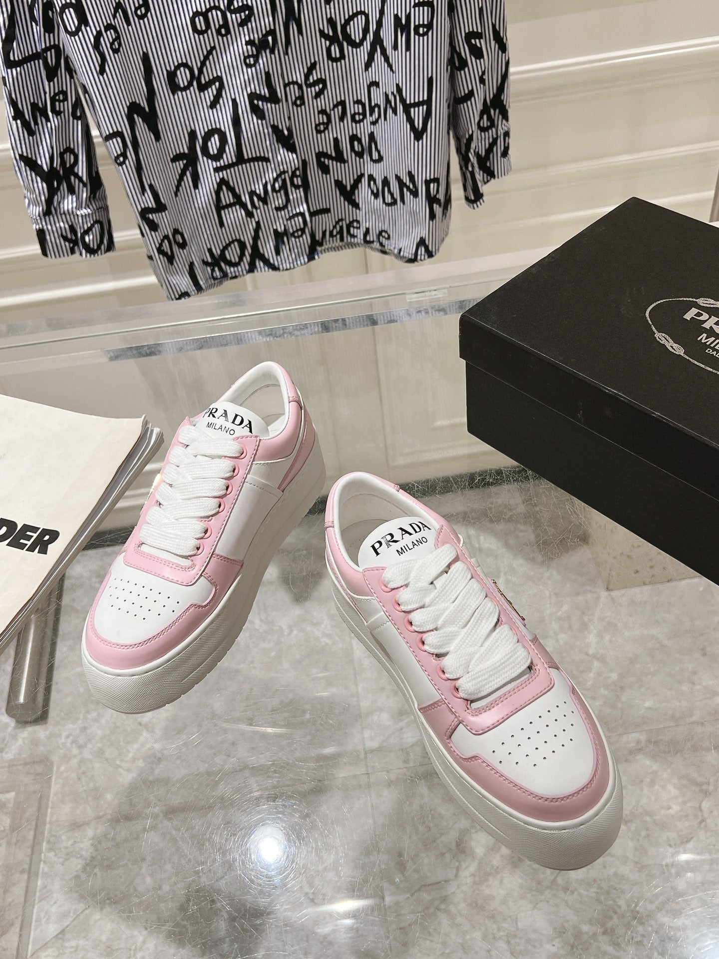 PRADA DOWNTOWN BOLD SNEAKERS WHITE AND LIGHT PINK CALFSKIN
