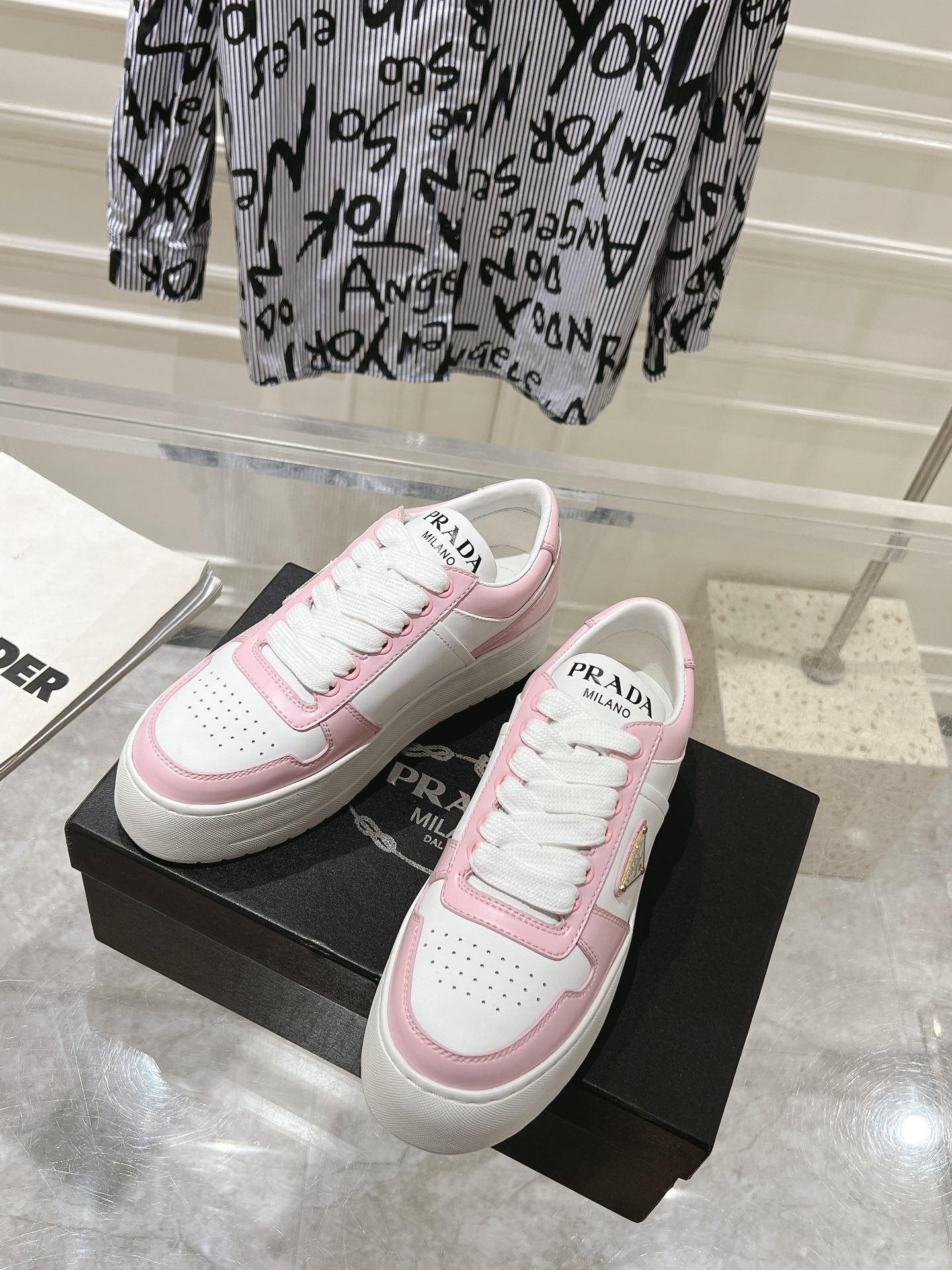 PRADA DOWNTOWN BOLD SNEAKERS WHITE AND LIGHT PINK CALFSKIN