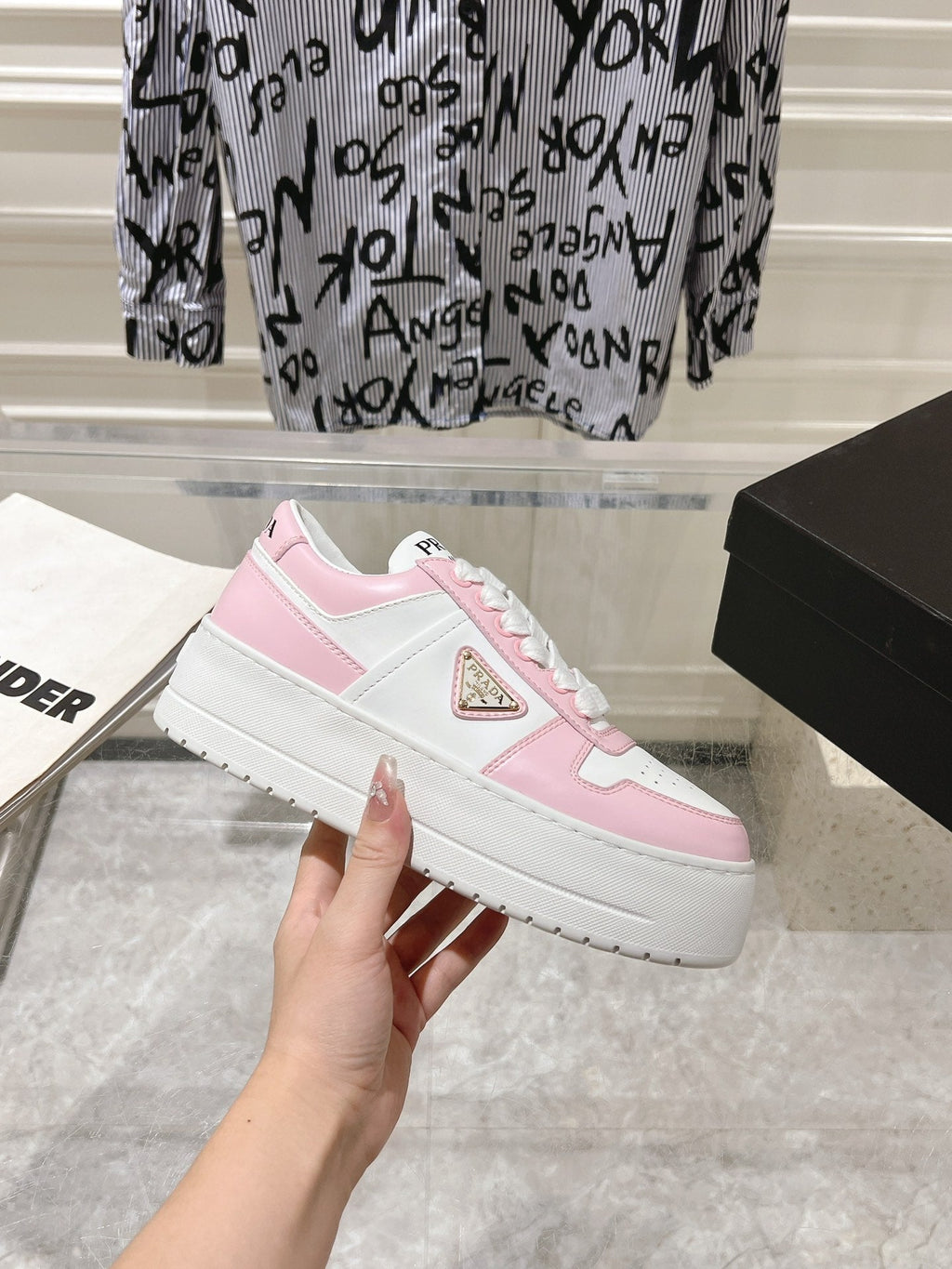 PRADA DOWNTOWN BOLD SNEAKERS WHITE AND LIGHT PINK CALFSKIN