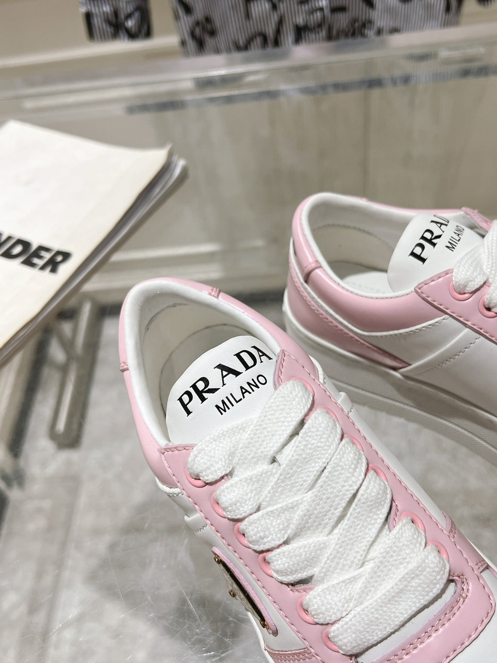 PRADA DOWNTOWN BOLD SNEAKERS WHITE AND LIGHT PINK CALFSKIN