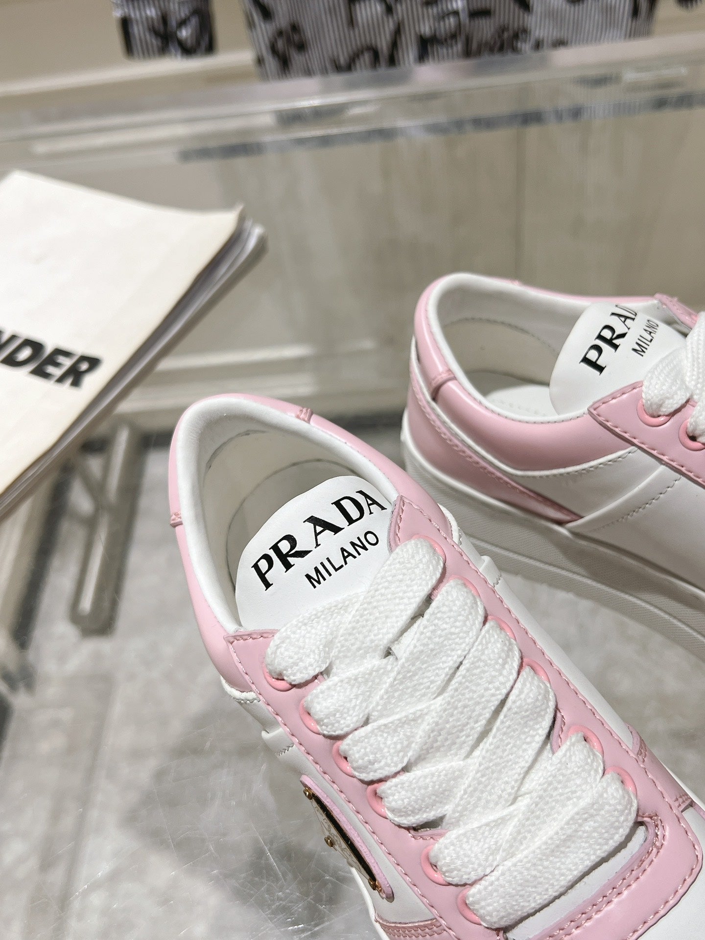 PRADA DOWNTOWN BOLD SNEAKERS WHITE AND LIGHT PINK CALFSKIN