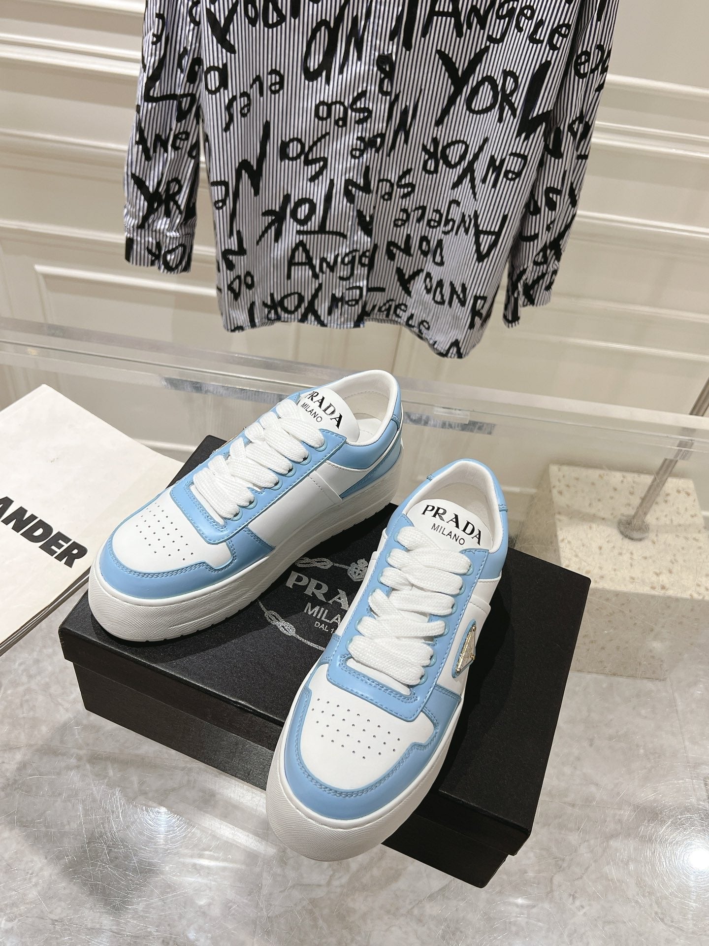 PRADA DOWNTOWN BOLD SNEAKERS WHITE AND SKY CALFSKIN