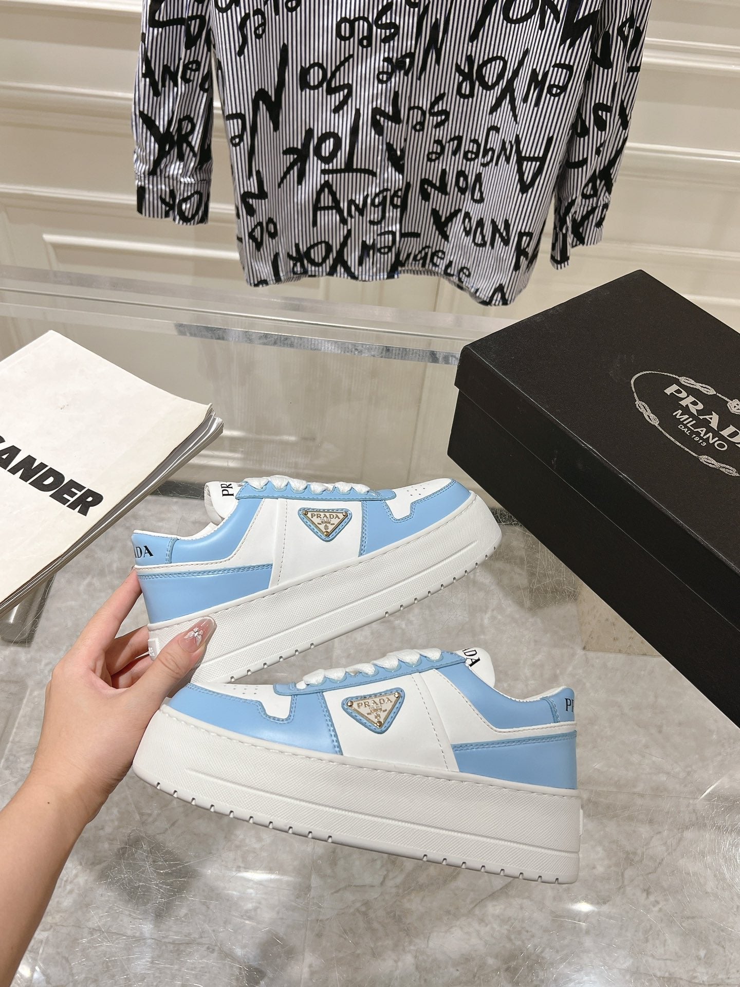 PRADA DOWNTOWN BOLD SNEAKERS WHITE AND SKY CALFSKIN