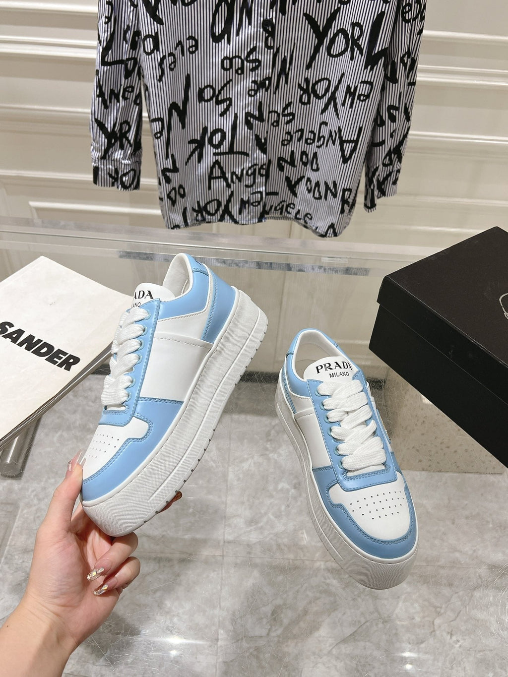 PRADA DOWNTOWN BOLD SNEAKERS WHITE AND SKY CALFSKIN