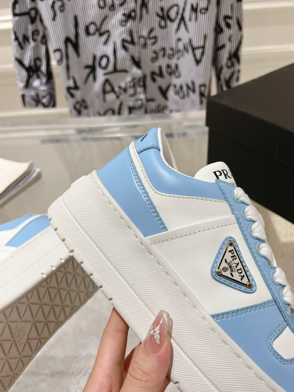 PRADA DOWNTOWN BOLD SNEAKERS WHITE AND SKY CALFSKIN