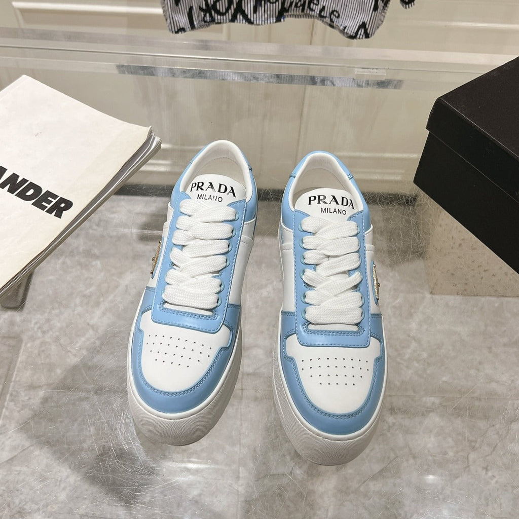 PRADA DOWNTOWN BOLD SNEAKERS WHITE AND SKY CALFSKIN