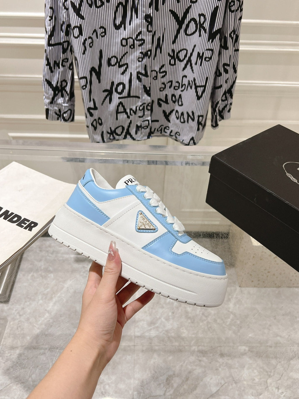 PRADA DOWNTOWN BOLD SNEAKERS WHITE AND SKY CALFSKIN