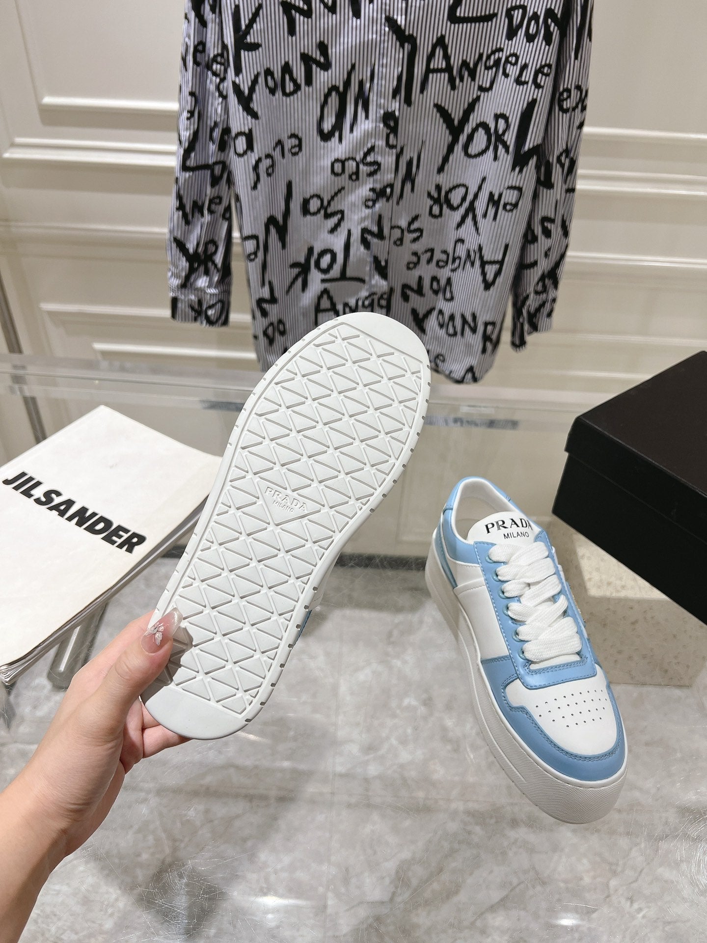 PRADA DOWNTOWN BOLD SNEAKERS WHITE AND SKY CALFSKIN
