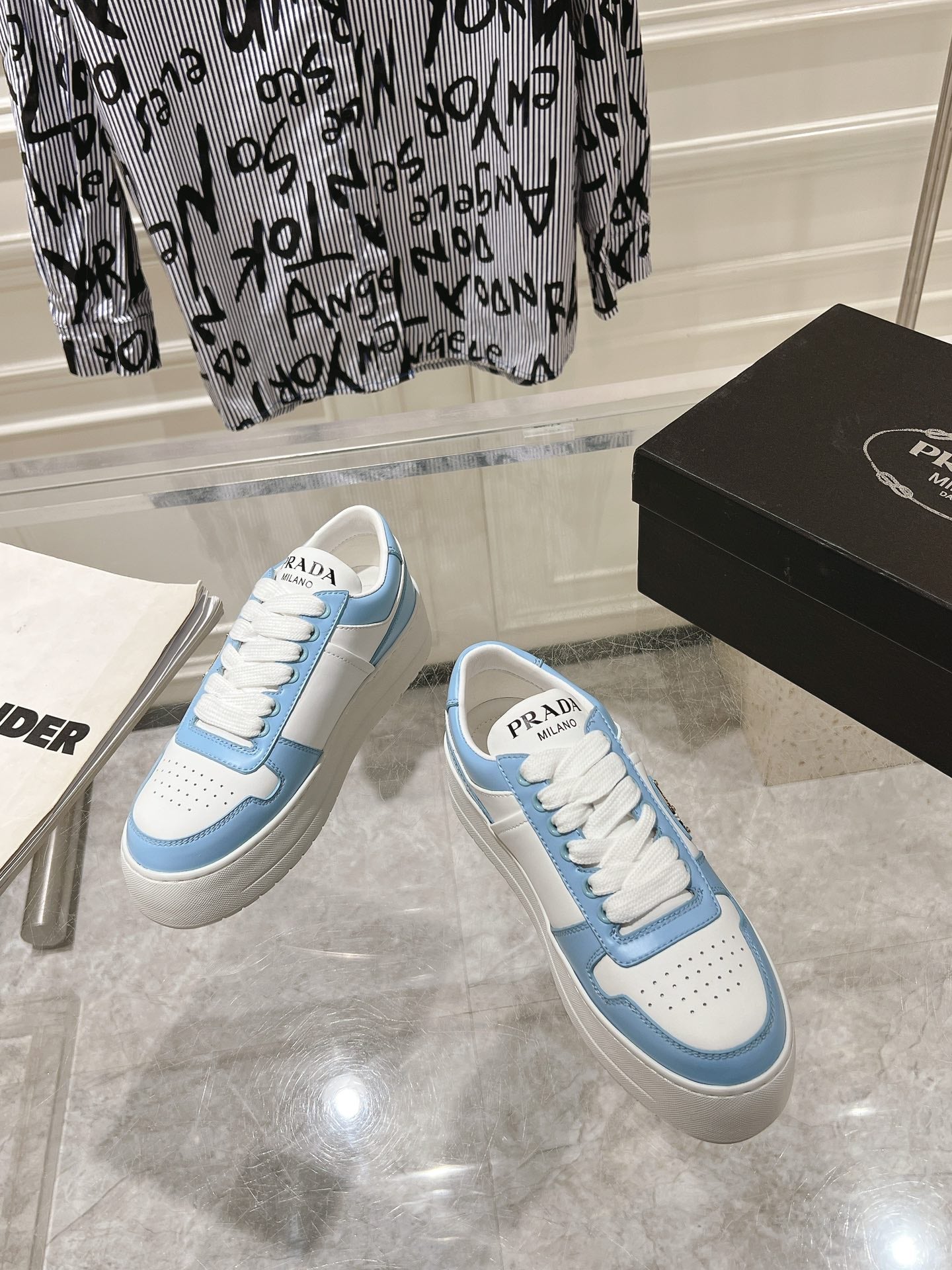 PRADA DOWNTOWN BOLD SNEAKERS WHITE AND SKY CALFSKIN