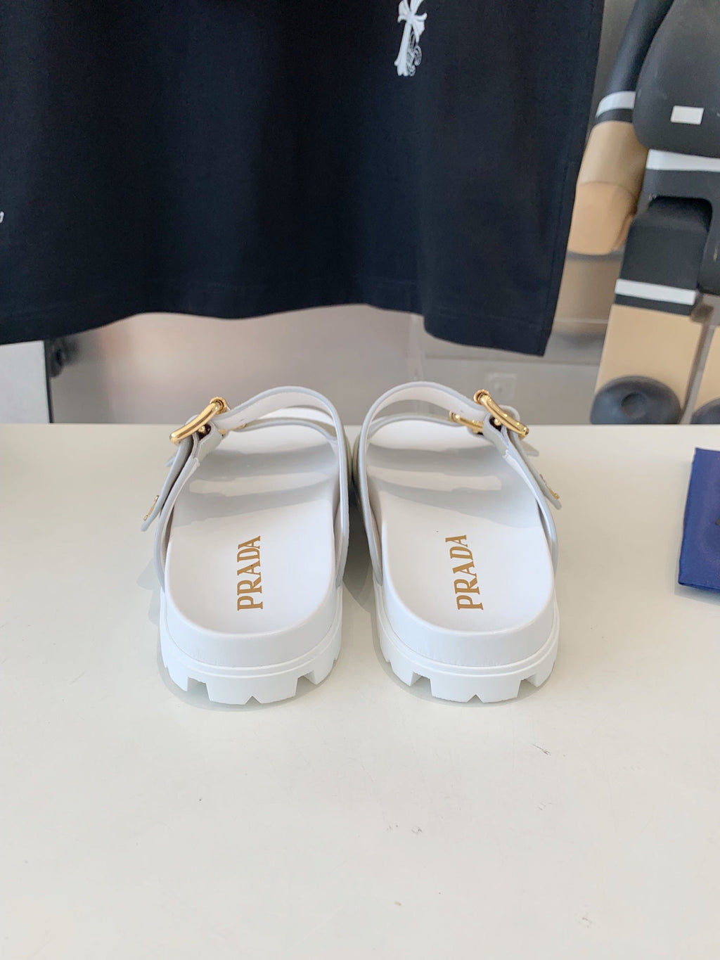 PRADA STRAP SLIDES SANLS WHITE AND LIGHT GRAY SUEDE