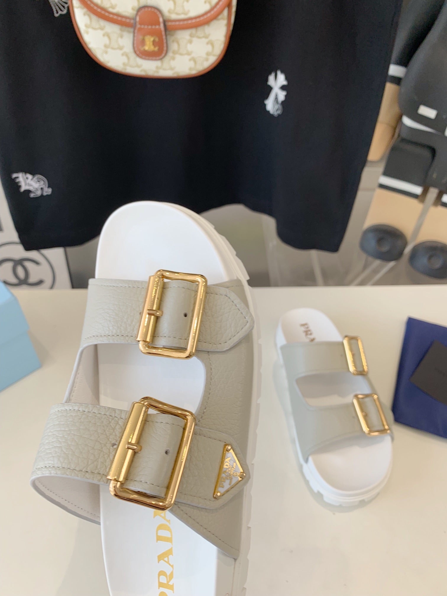 PRADA STRAP SLIDES SANLS WHITE AND LIGHT GRAY SUEDE