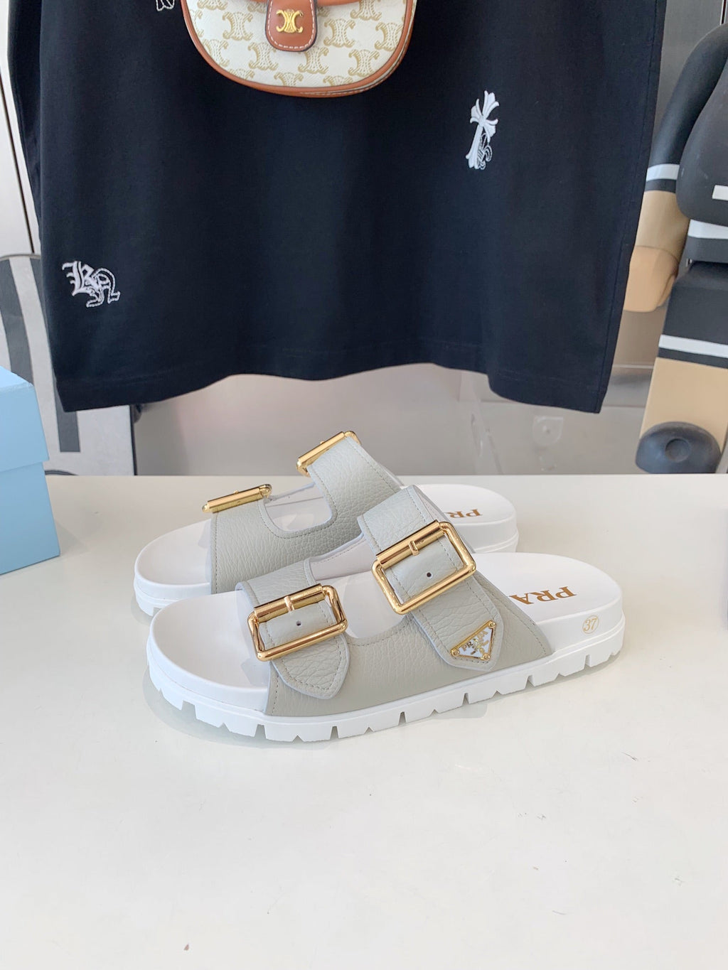 PRADA STRAP SLIDES SANLS WHITE AND LIGHT GRAY SUEDE