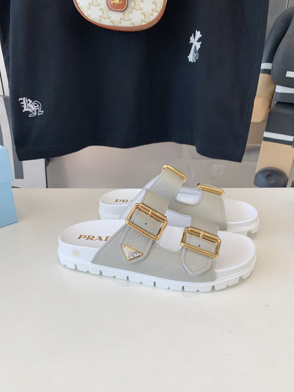 PRADA STRAP SLIDES SANLS WHITE AND LIGHT GRAY SUEDE