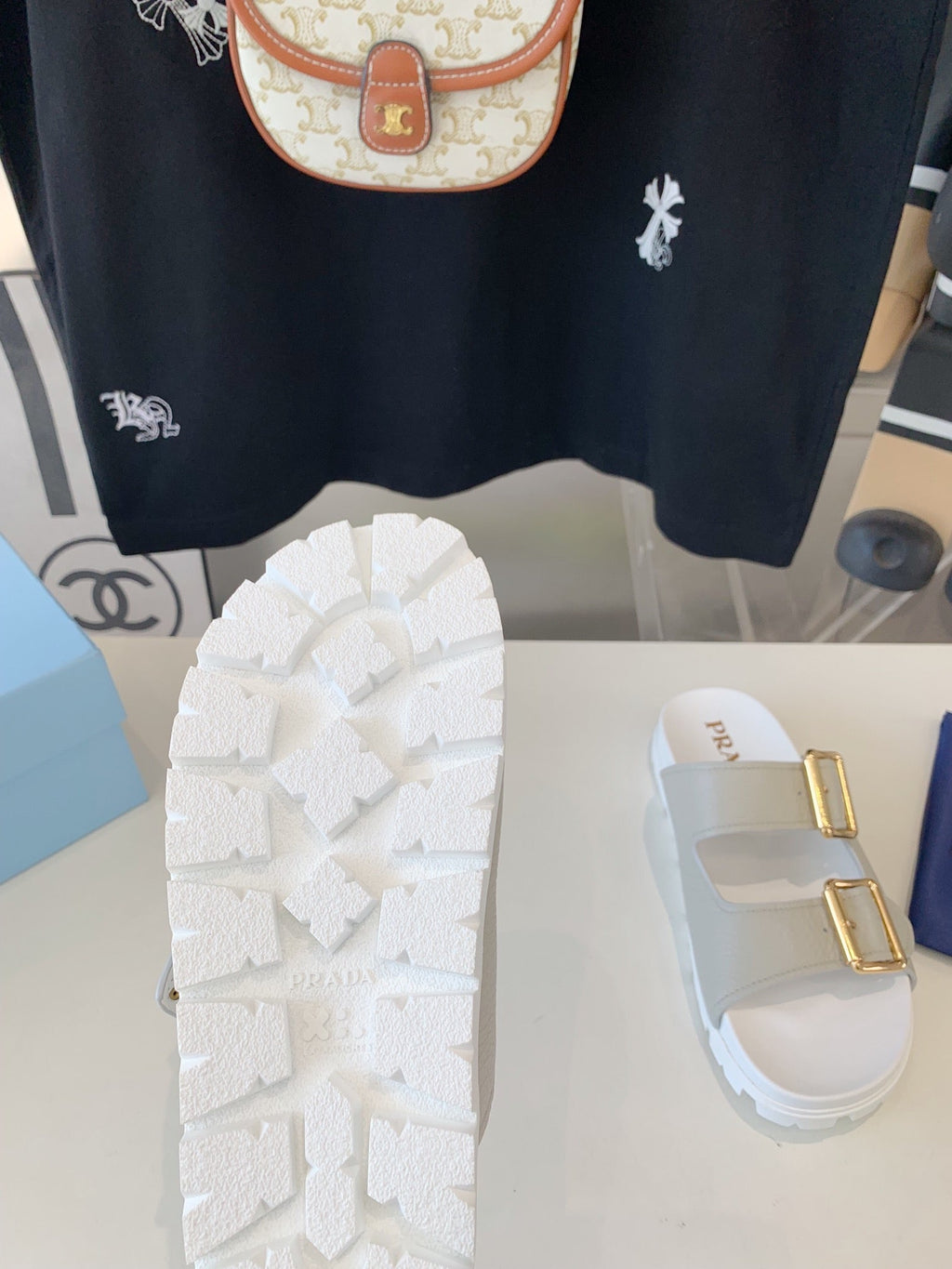 PRADA STRAP SLIDES SANLS WHITE AND LIGHT GRAY SUEDE
