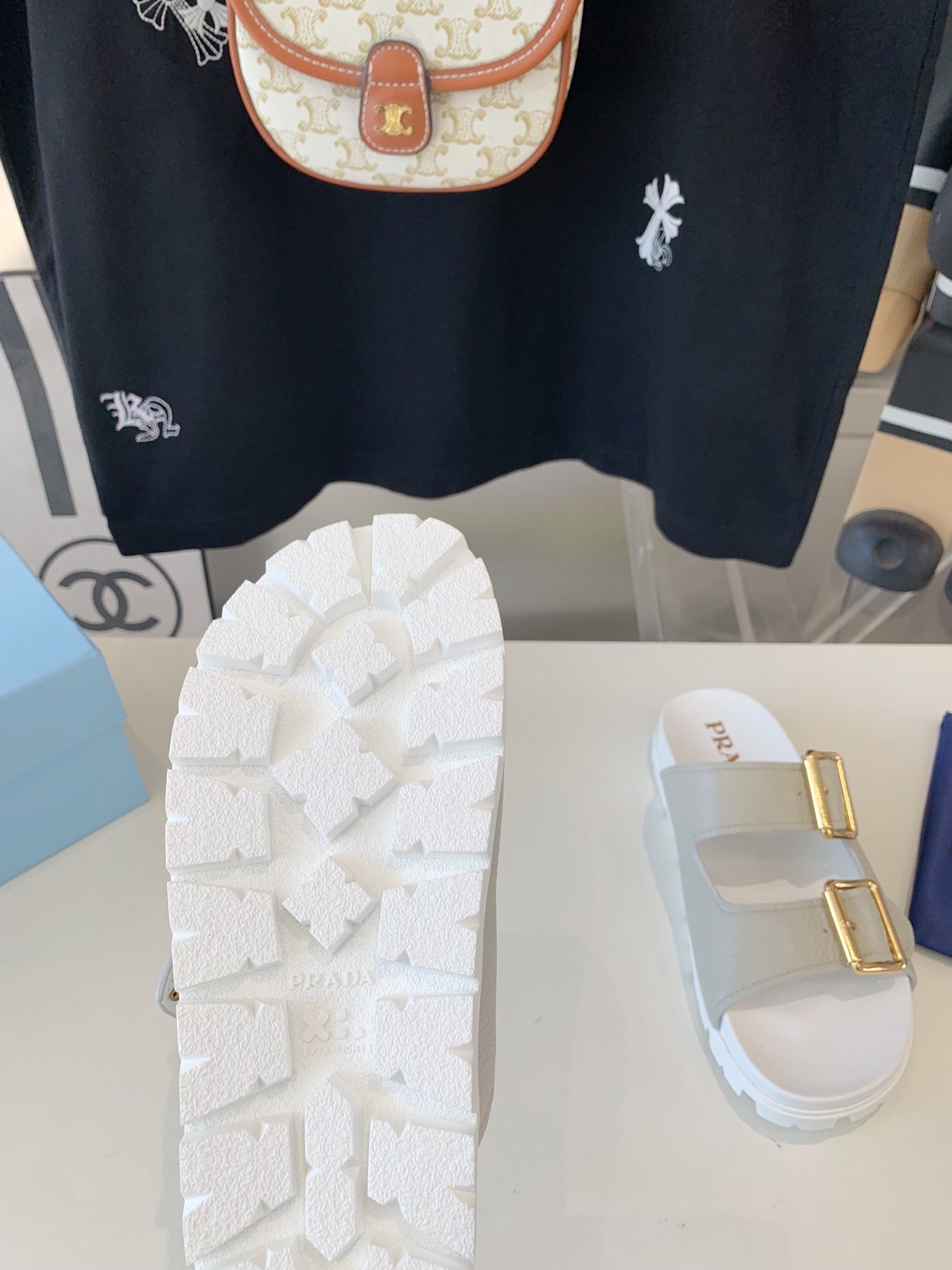 PRADA STRAP SLIDES SANLS WHITE AND LIGHT GRAY SUEDE