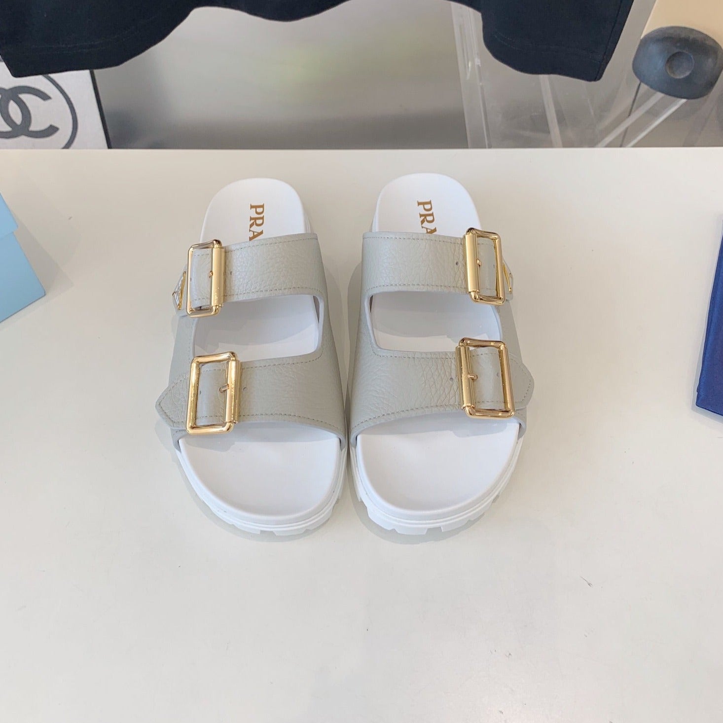 PRADA STRAP SLIDES SANLS WHITE AND LIGHT GRAY SUEDE