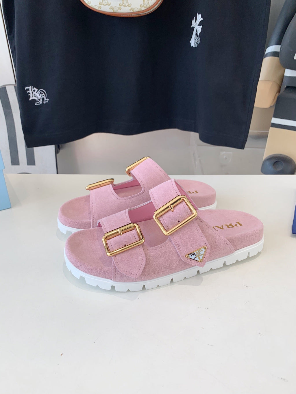 PRADA STRAP SLIDES SANLS PASTEL PINK SUEDE