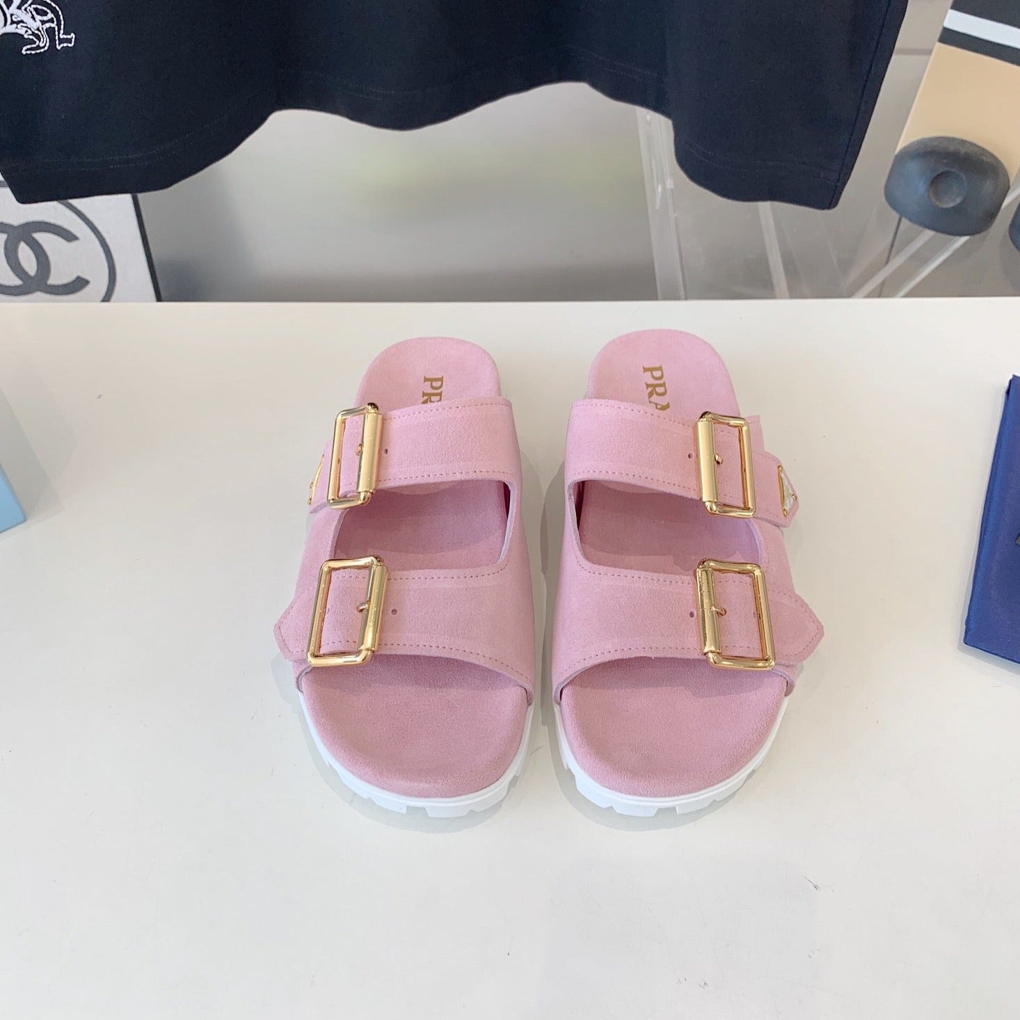PRADA STRAP SLIDES SANLS PASTEL PINK SUEDE