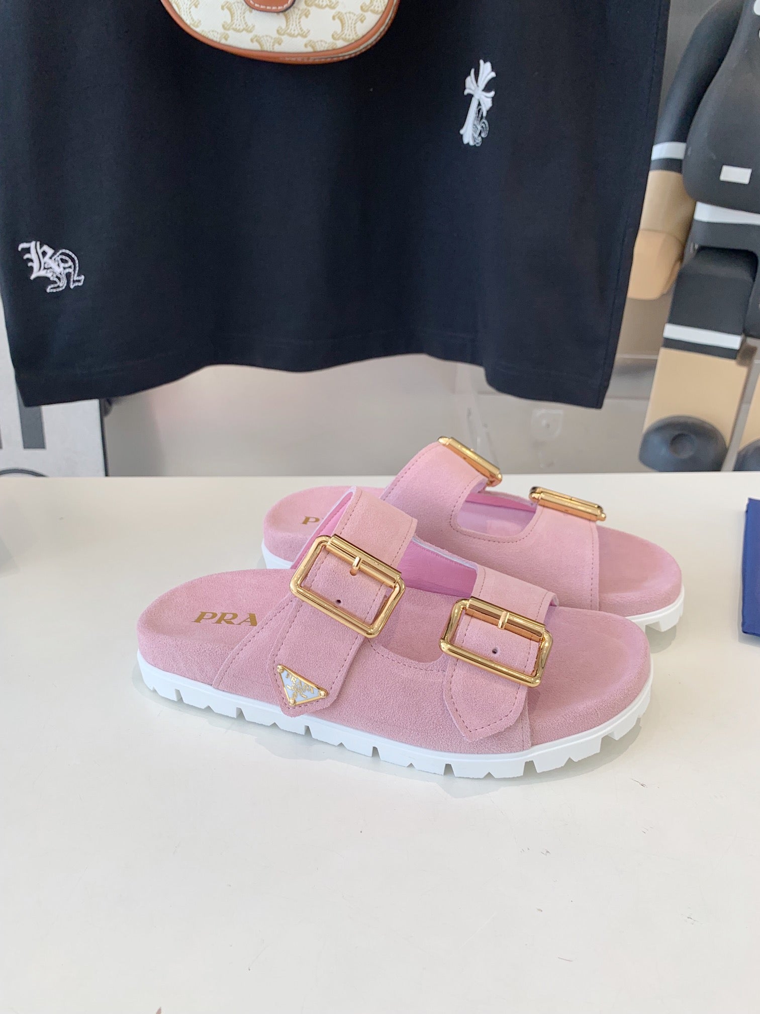 PRADA STRAP SLIDES SANLS PASTEL PINK SUEDE