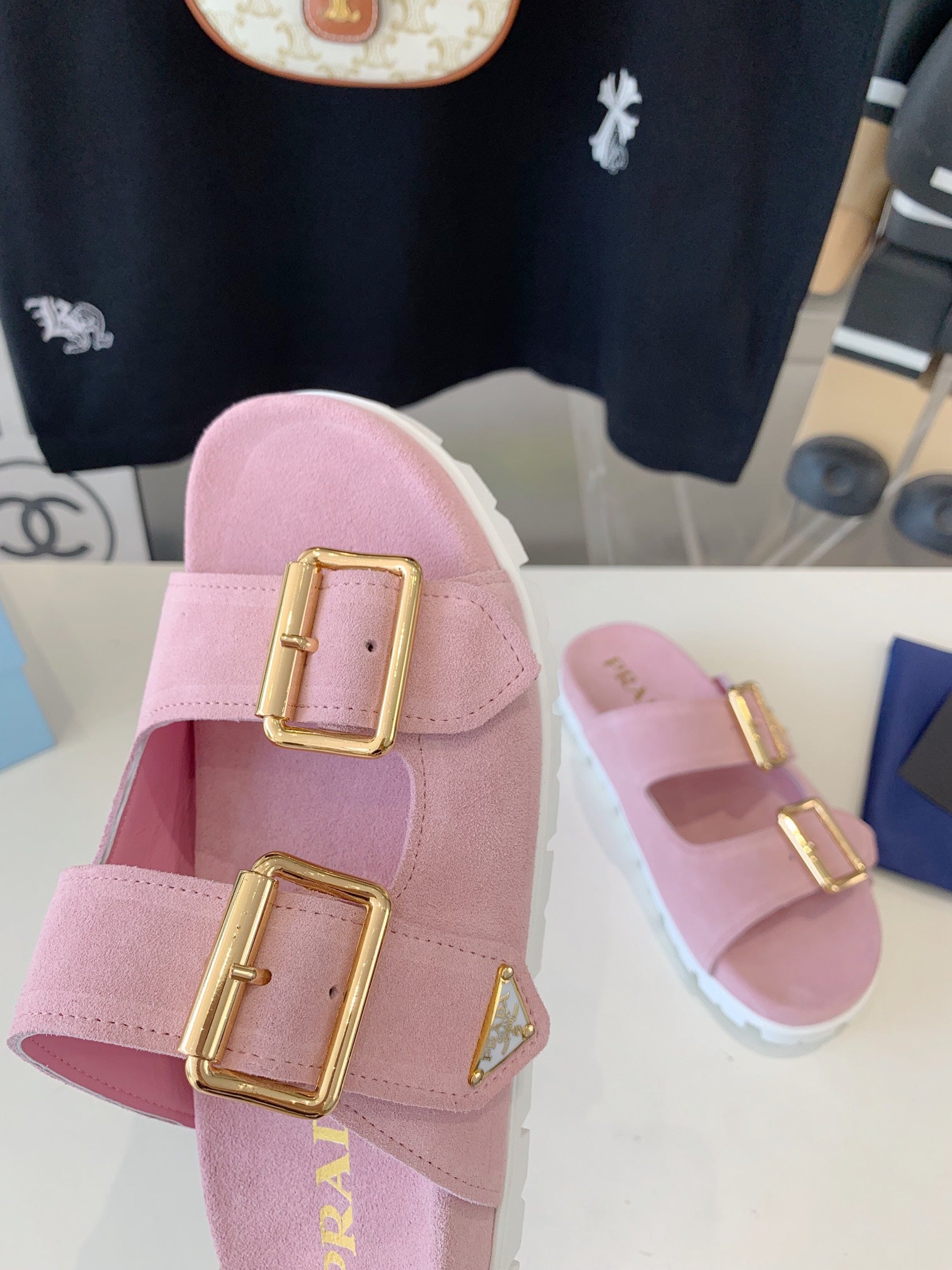 PRADA STRAP SLIDES SANLS PASTEL PINK SUEDE