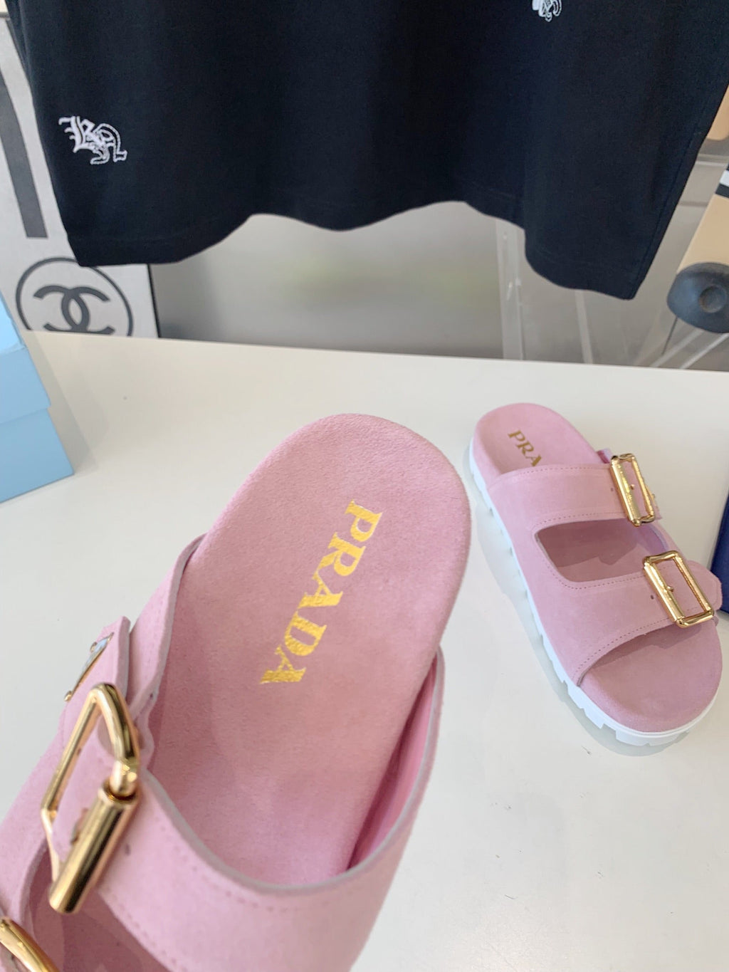 PRADA STRAP SLIDES SANLS PASTEL PINK SUEDE