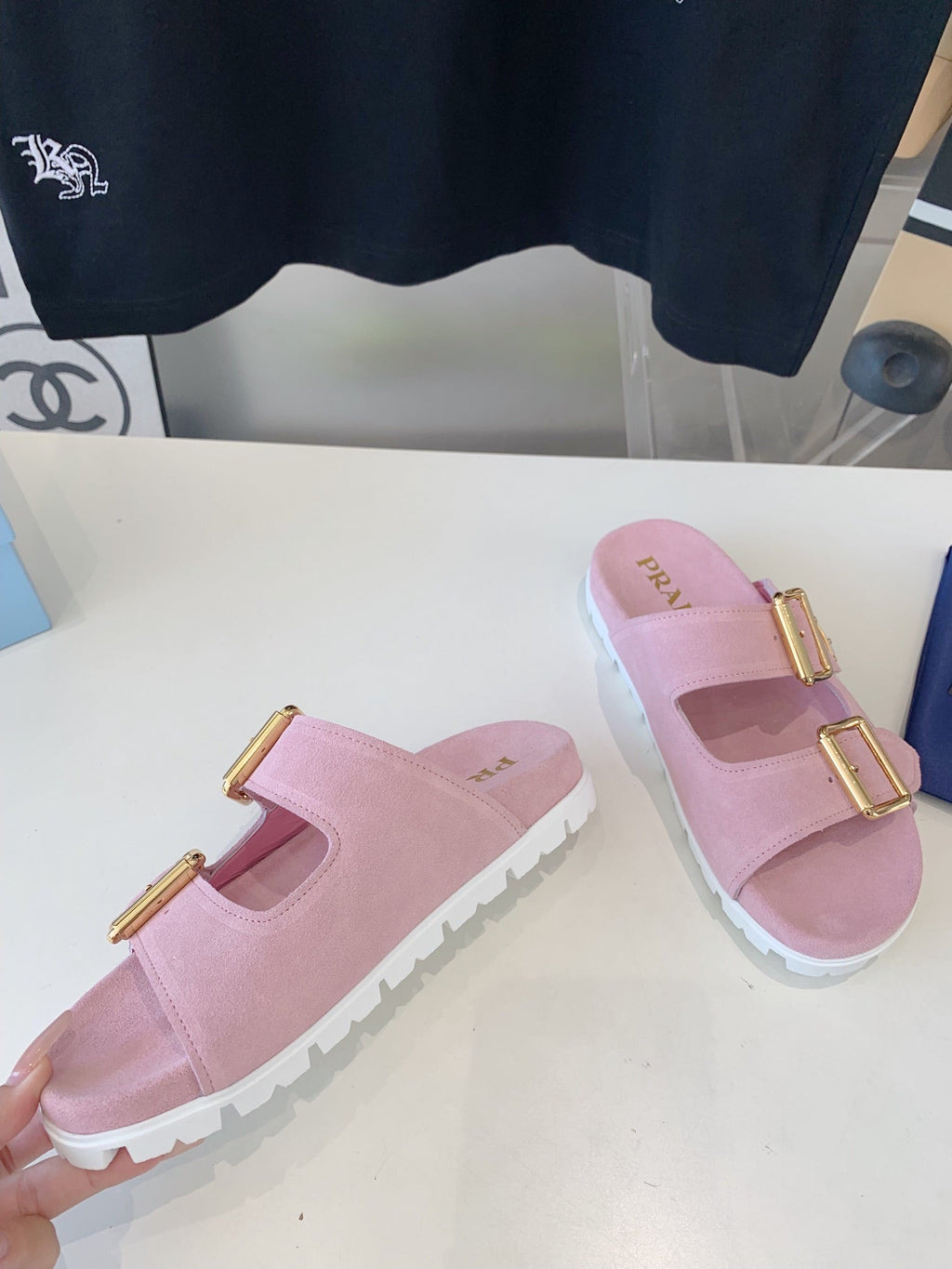 PRADA STRAP SLIDES SANLS PASTEL PINK SUEDE