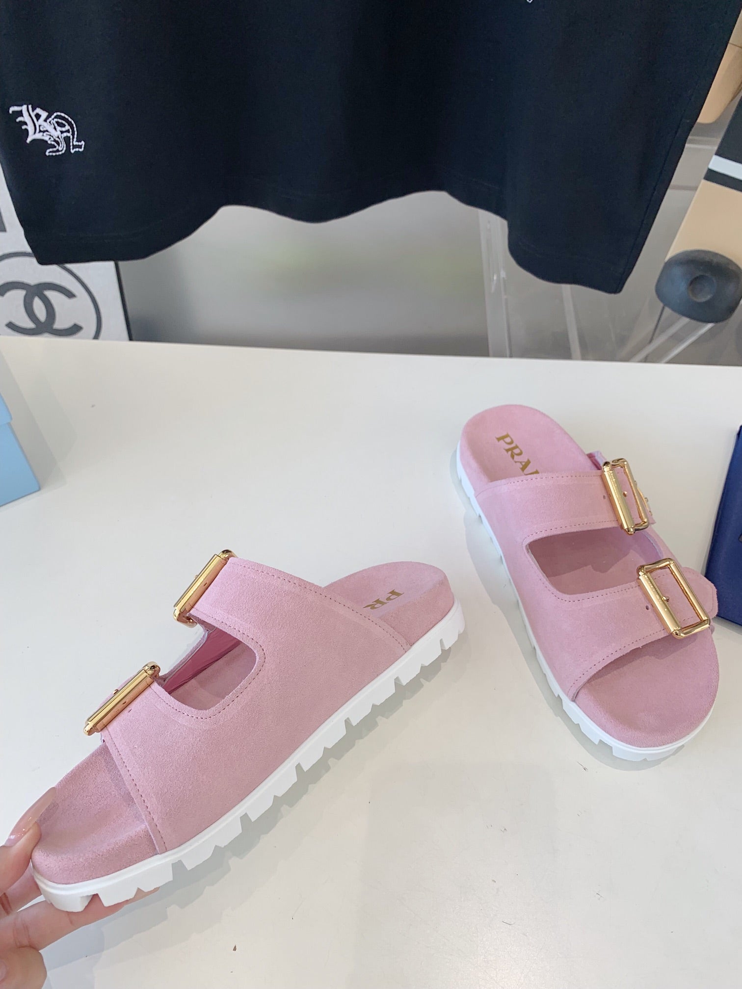 PRADA STRAP SLIDES SANLS PASTEL PINK SUEDE